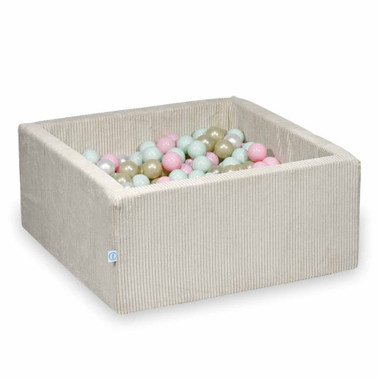 Piscine à balles square en velours côtelé beige, 90x90x40cm – Beige, 400 balls (nacrées, rose clair, vert menthe clair, or clair)