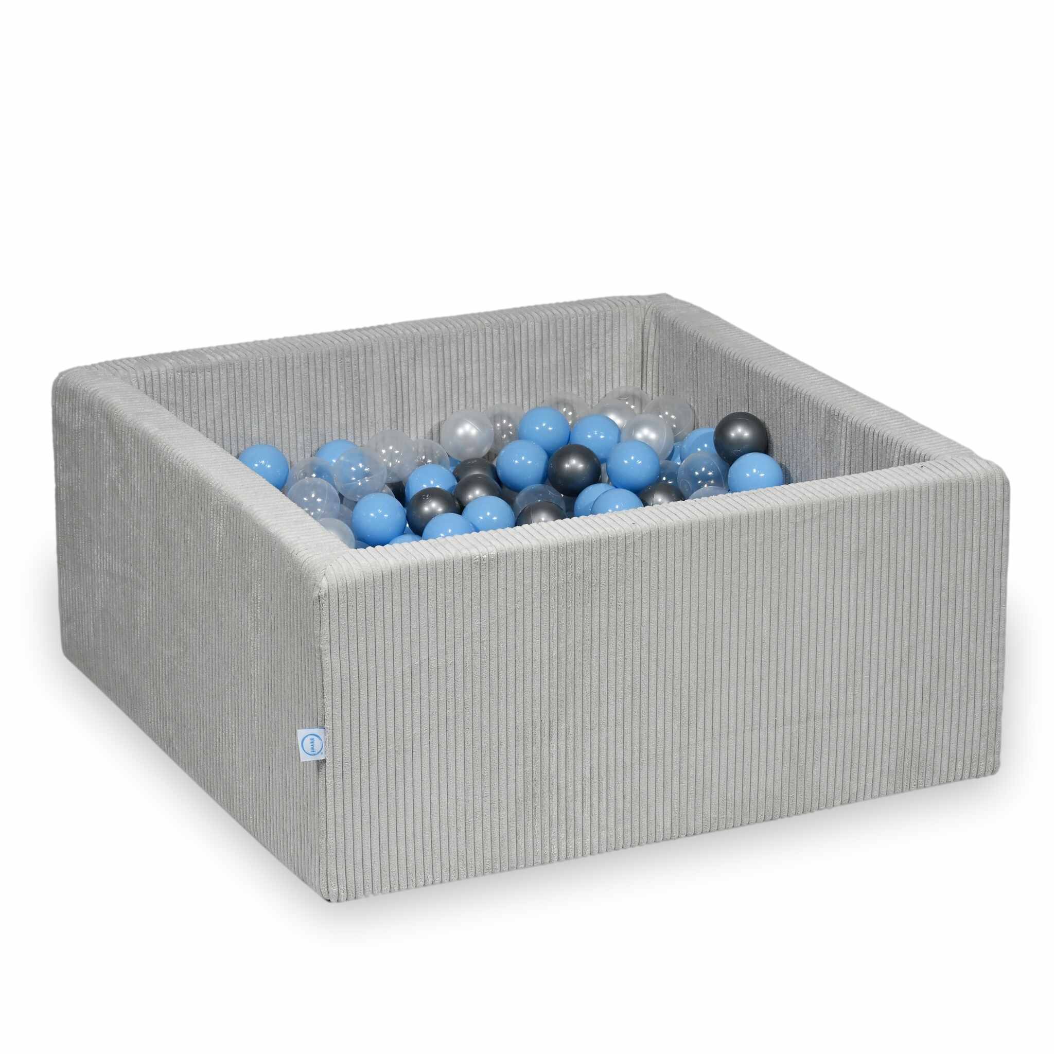 Piscine à balles square en velours côtelé gris, 90x90x40cm – 400 balls (transparent, nacré, argenté,bleu clair)