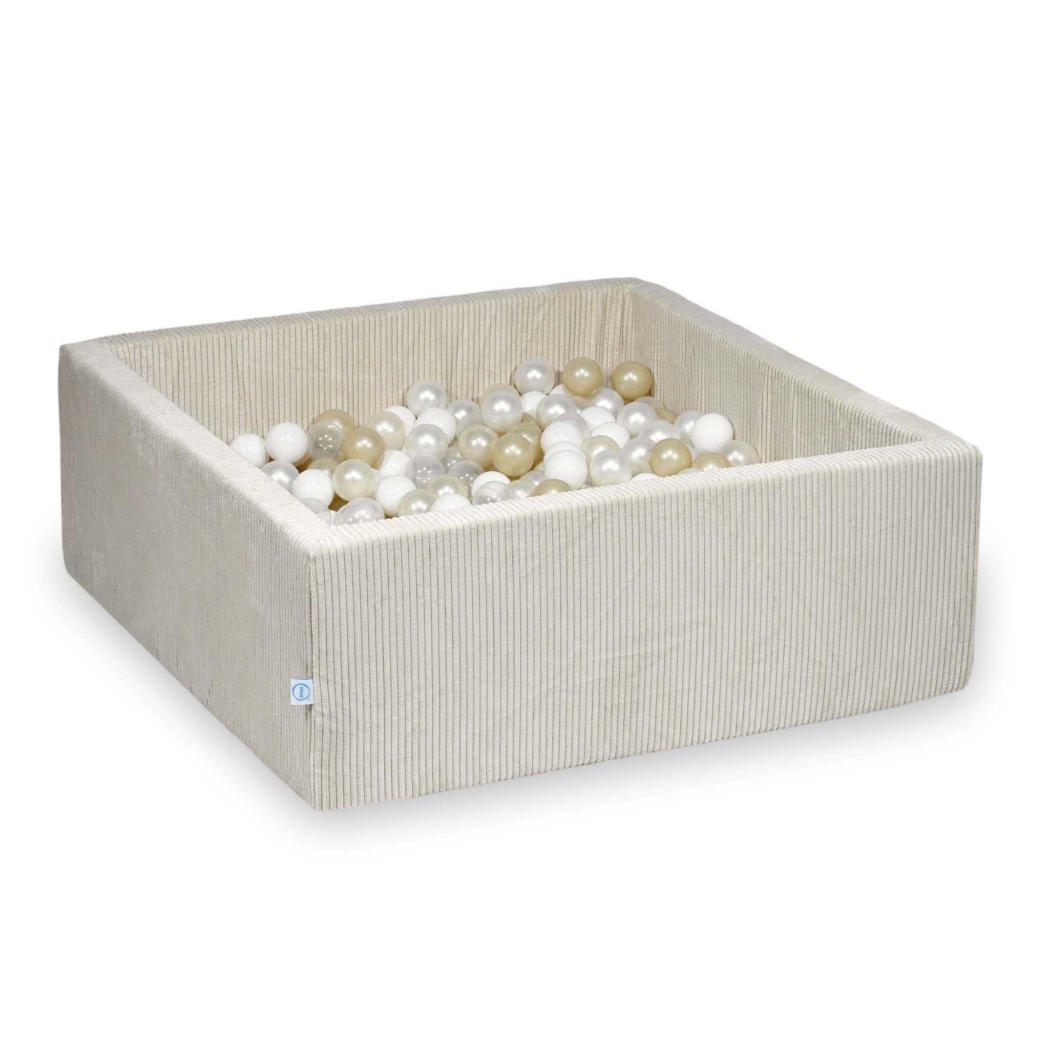 Piscine à balles square en velours côtelé beige, 110x110x40cm – Beige, 600 balls (transparentes, blanches, nacrées, or clair, irisées)