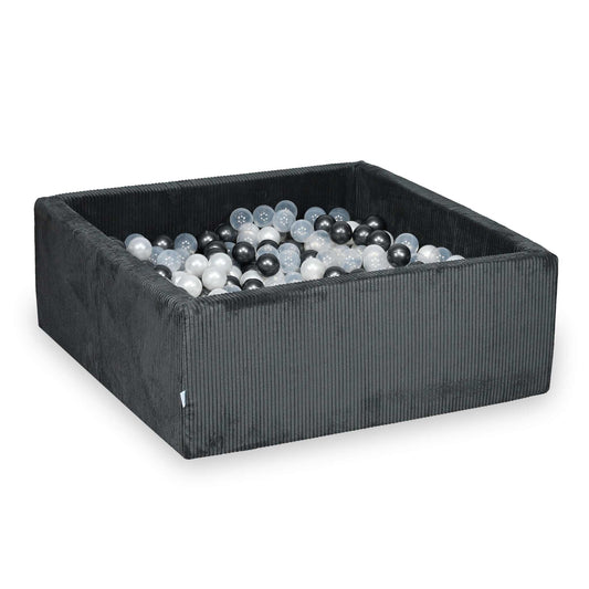 Piscine à balles square en velours côtelé graphite, 110x110x40cm – 600 balls (transparent, nacré, graphite métallisé)