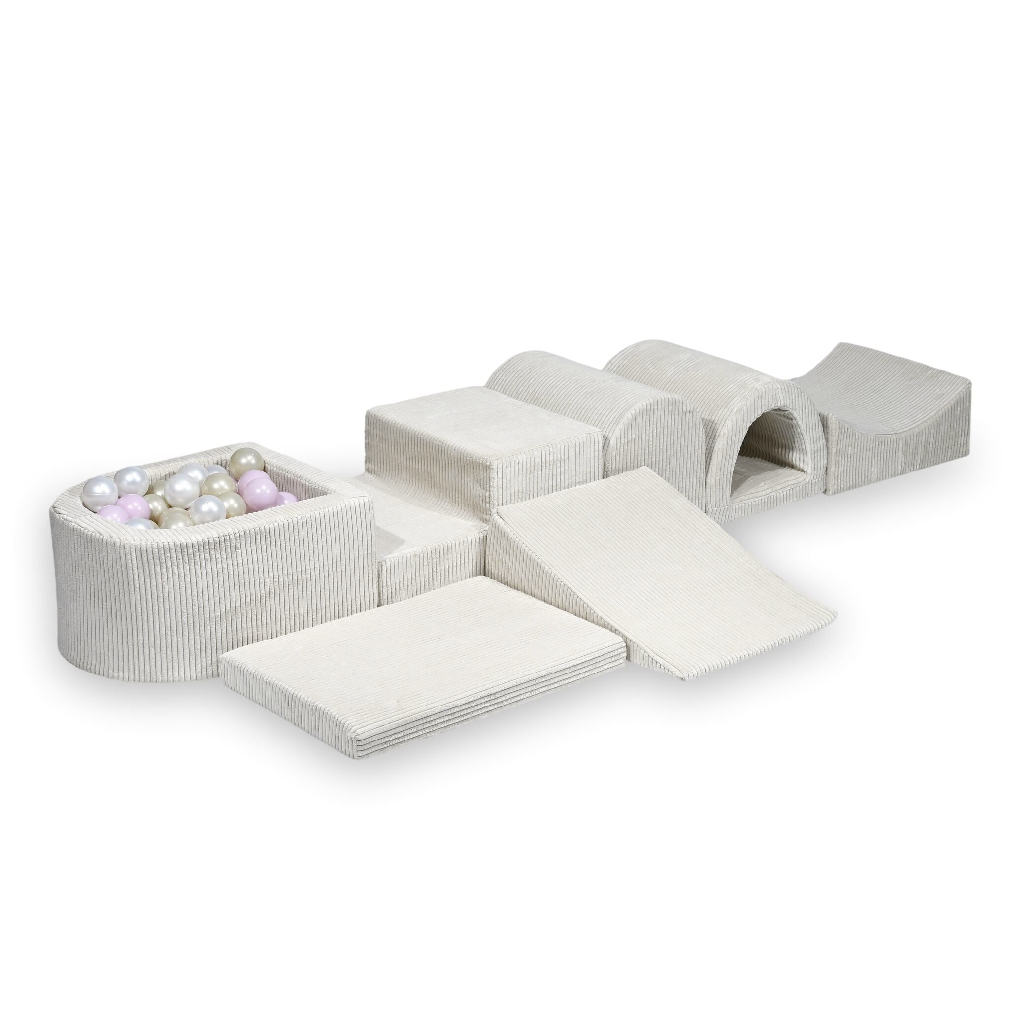 Plus grande aire de jeux en mousse avec piscine micro côtelé beige + 100 balles