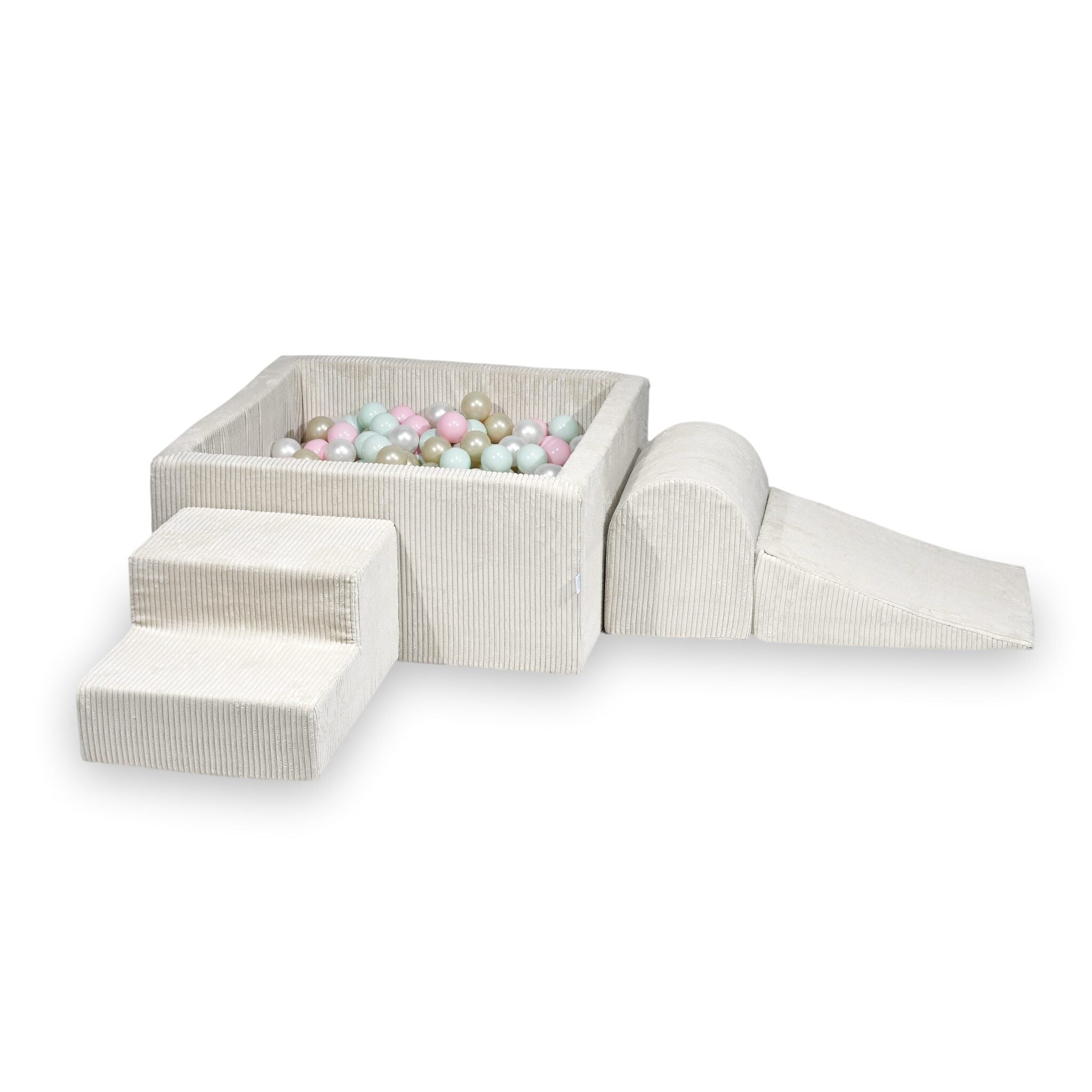 Aire de jeux en mousse avec piscine à balles carrée set de jeu enfant 90x90x40 côtelé beige + 400 balles