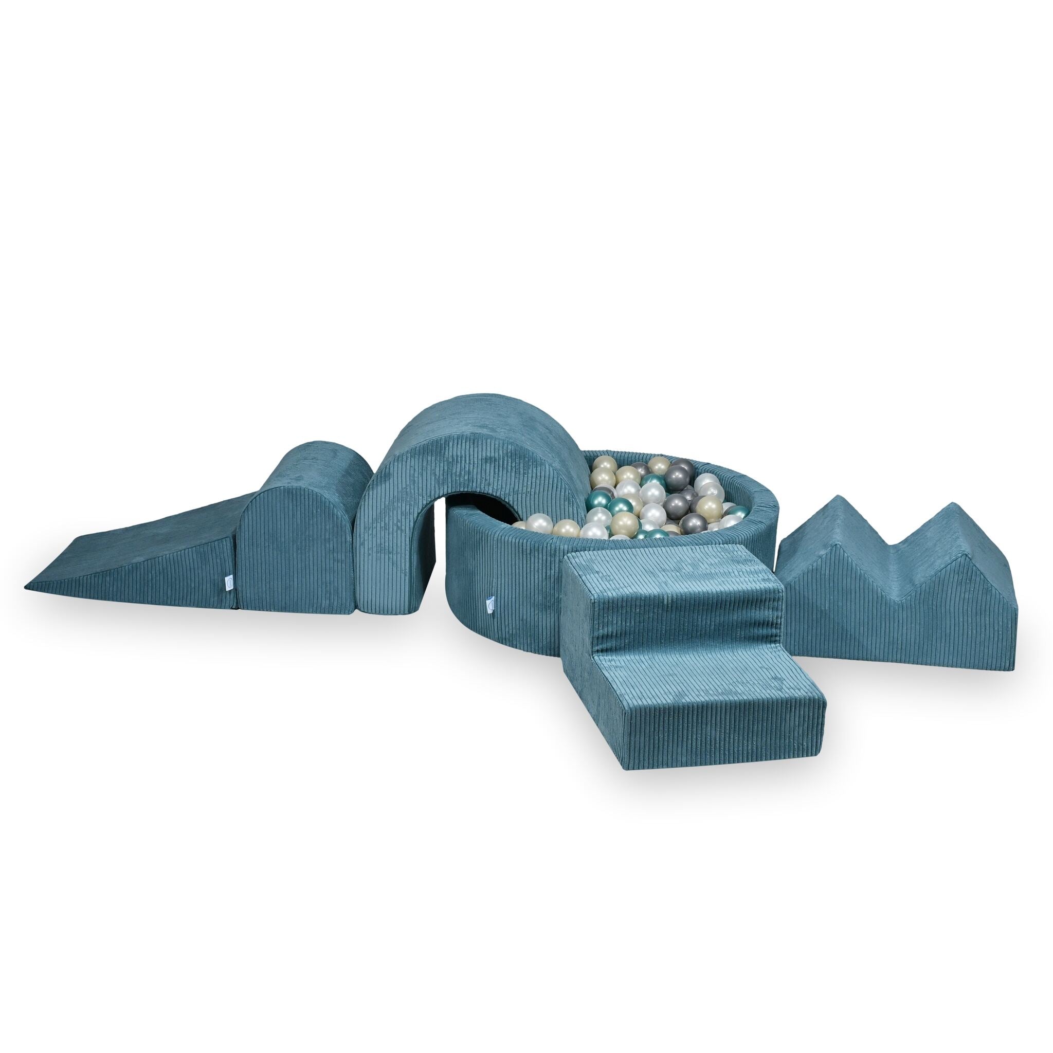 Aire de jeux en mousse avec piscine ronde 90x30 côtelé bleu + 5 éléments + 200 balles