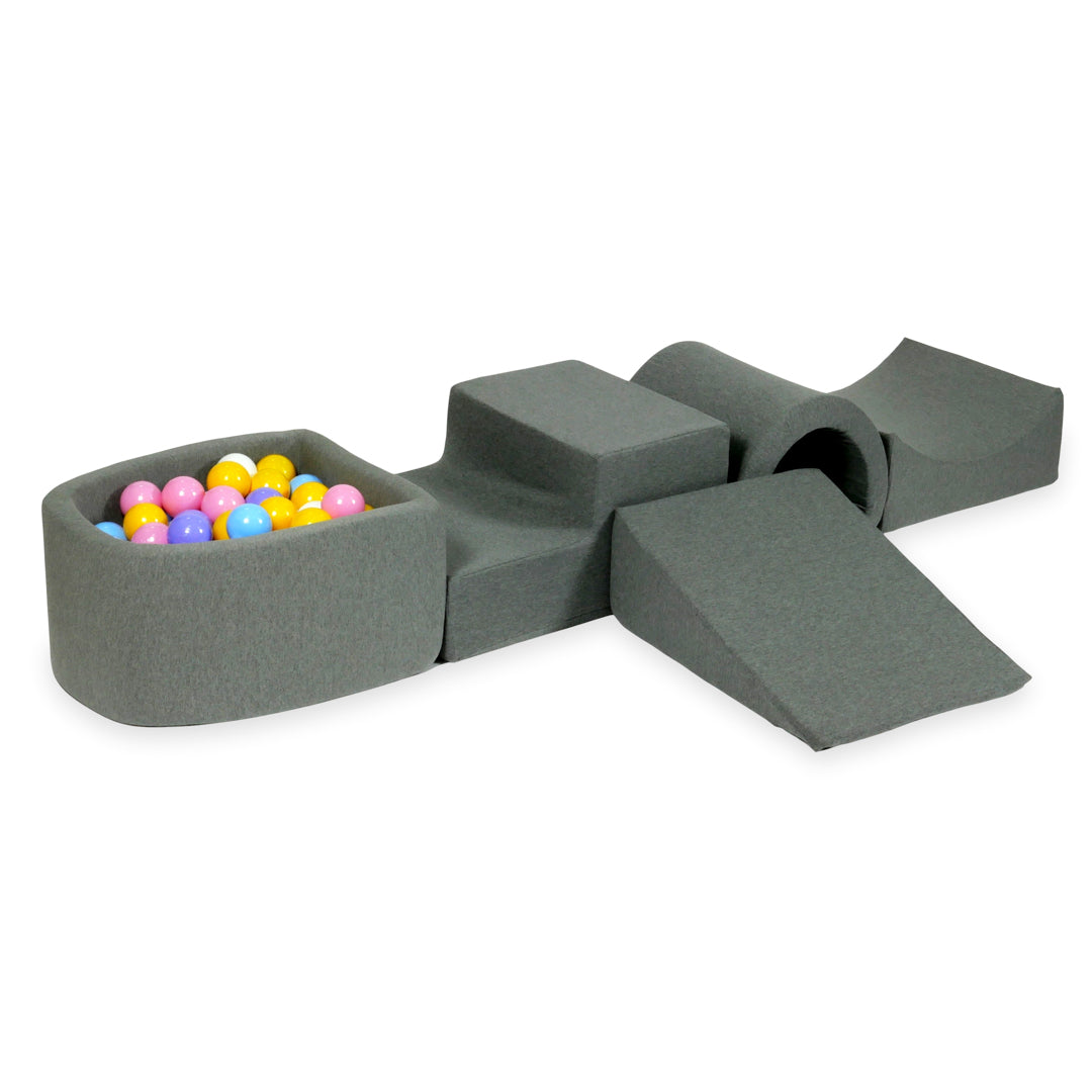 Aire de jeux en mousse avec pont et piscine micro gris + 100 balles