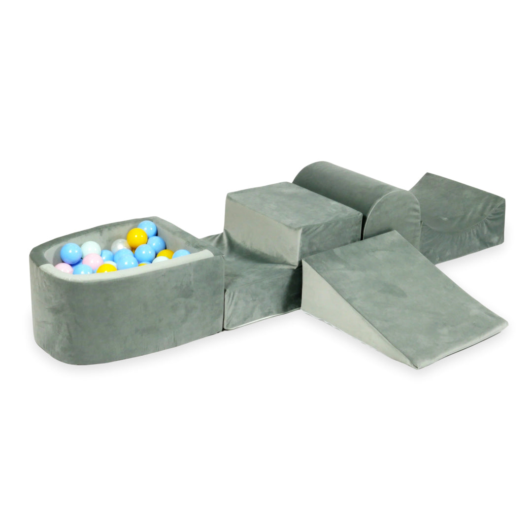 Aire de jeux en mousse avec colline et piscine micro velvet gris + 100 balles