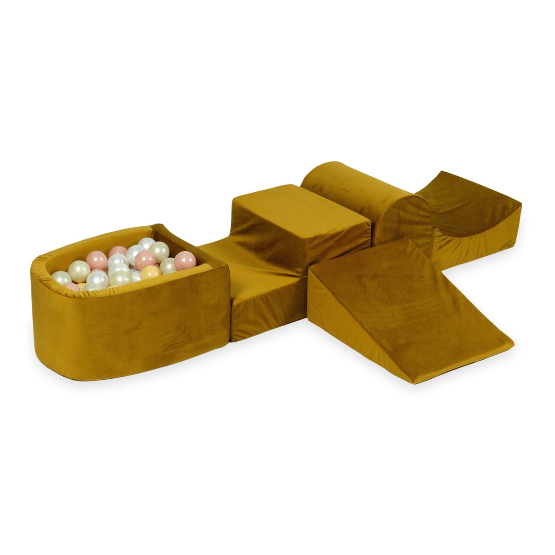 Aire de jeux en mousse avec colline et piscine micro velvet or + 100 balles