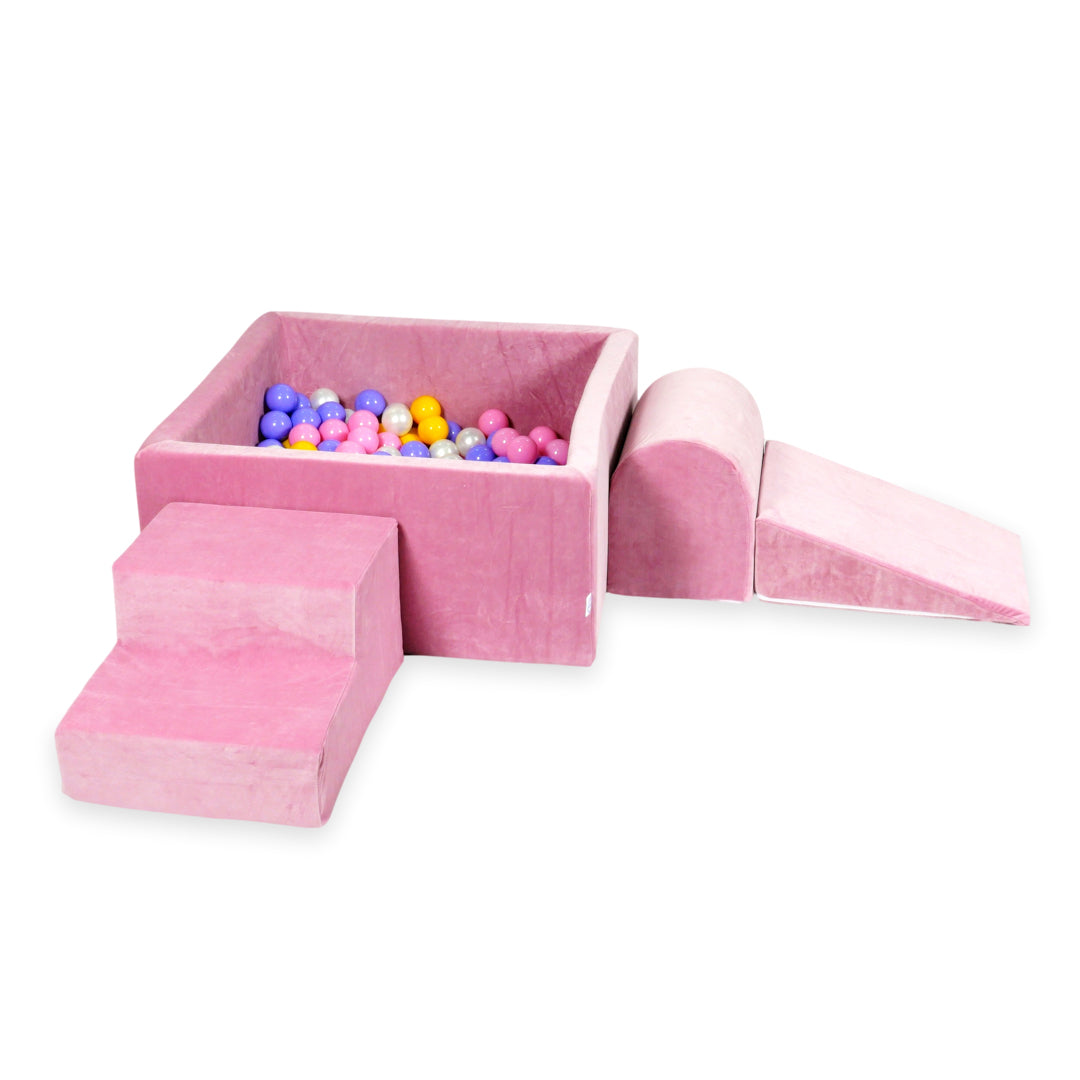 Aire de jeux en mousse avec piscine à balles carrée set de jeu enfant 90x90x40 velvet soft rose + 400 balles