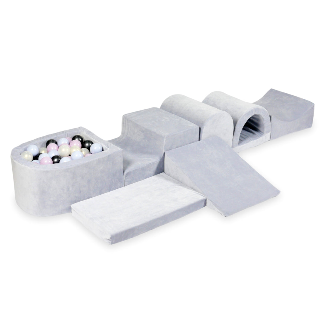 Plus grande aire de jeux en mousse avec piscine micro velvet soft gris clair + 100 balles