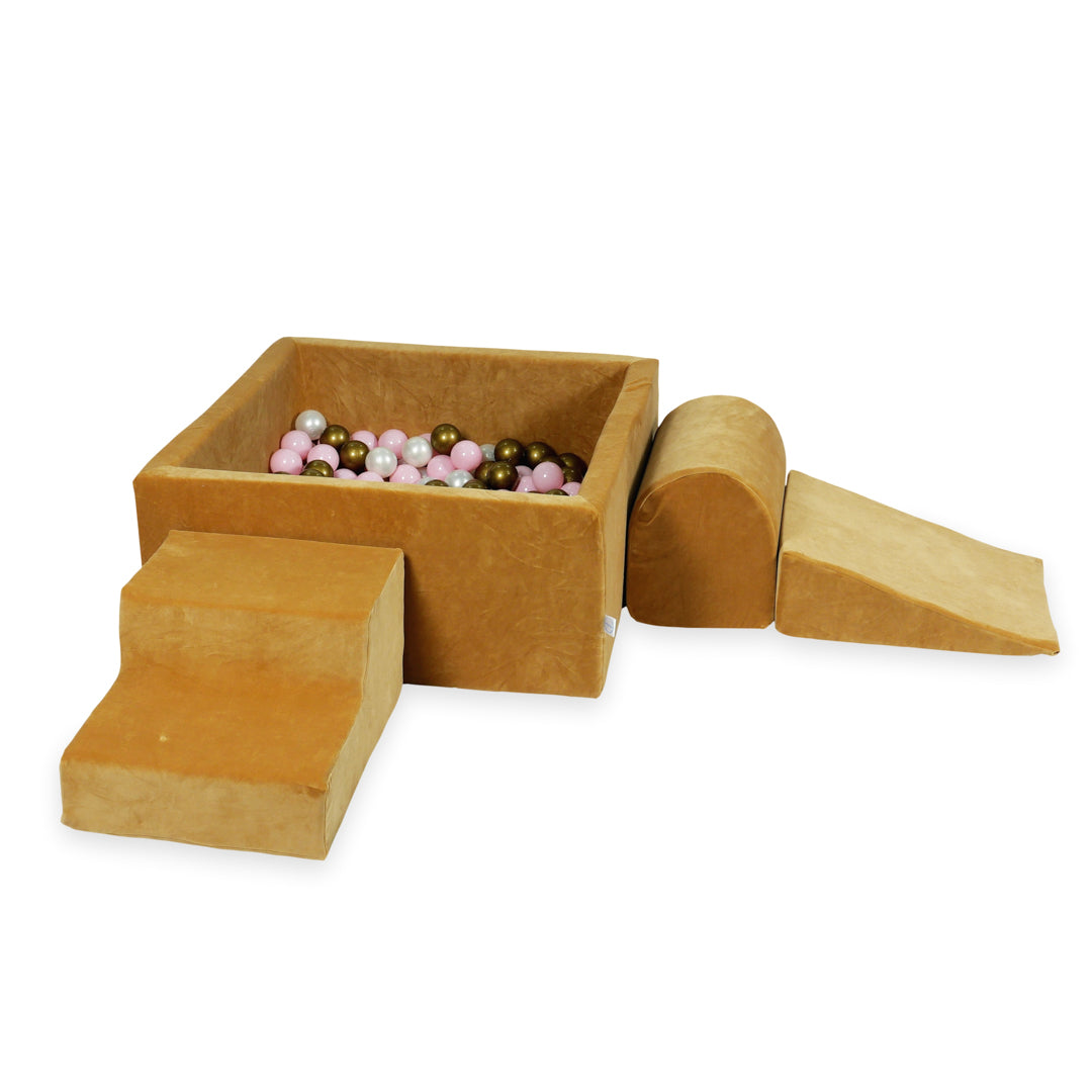 Aire de jeux en mousse avec piscine à balles carrée set de jeu enfant 90x90x40 velvet soft carmel + 400 balles