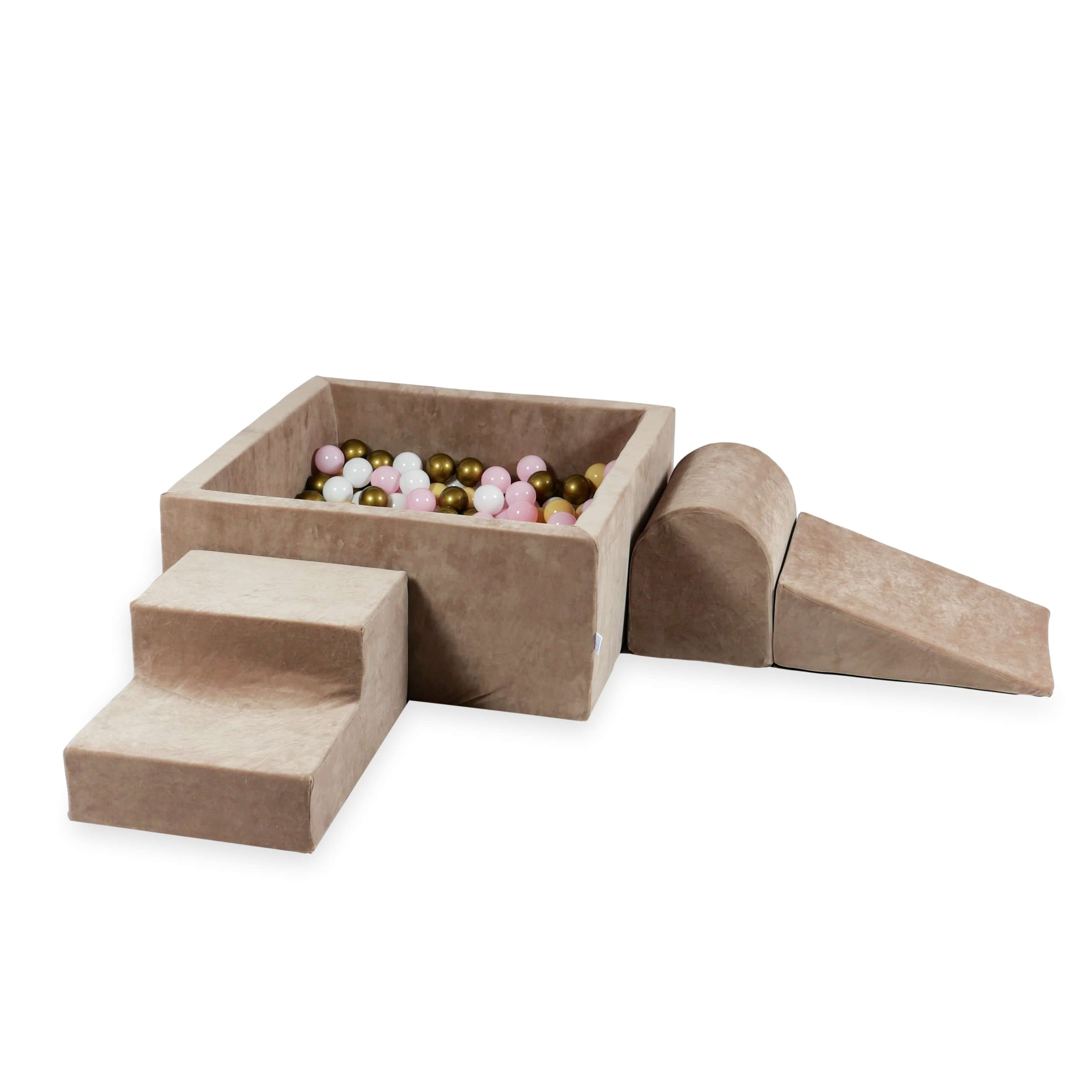 Aire de jeux en mousse avec piscine à balles carrée set de jeu enfant 90x90x40 velvet soft brown + 400 balles