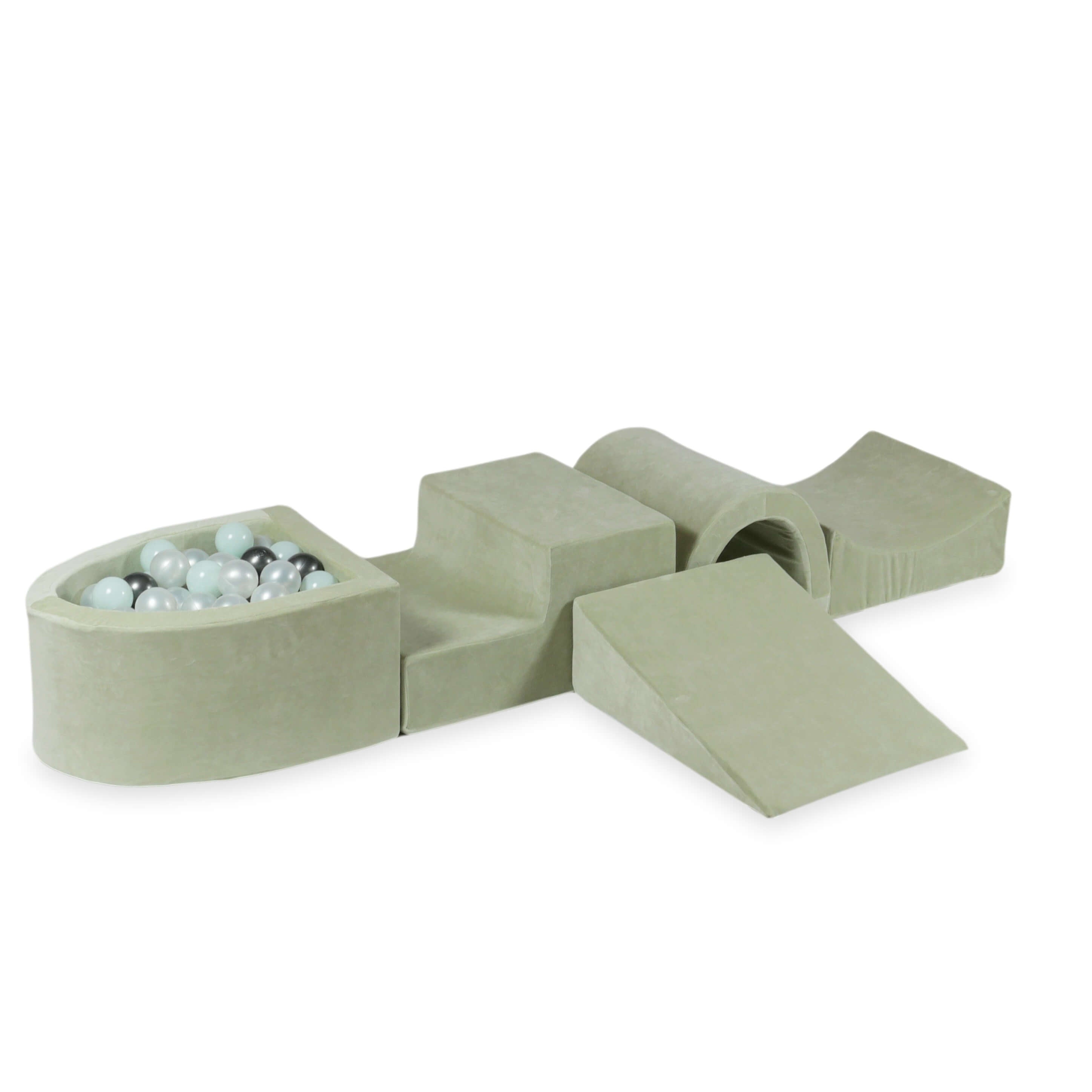 Aire de jeux en mousse avec pont et piscine micro velvet soft pistachio + 100 balles