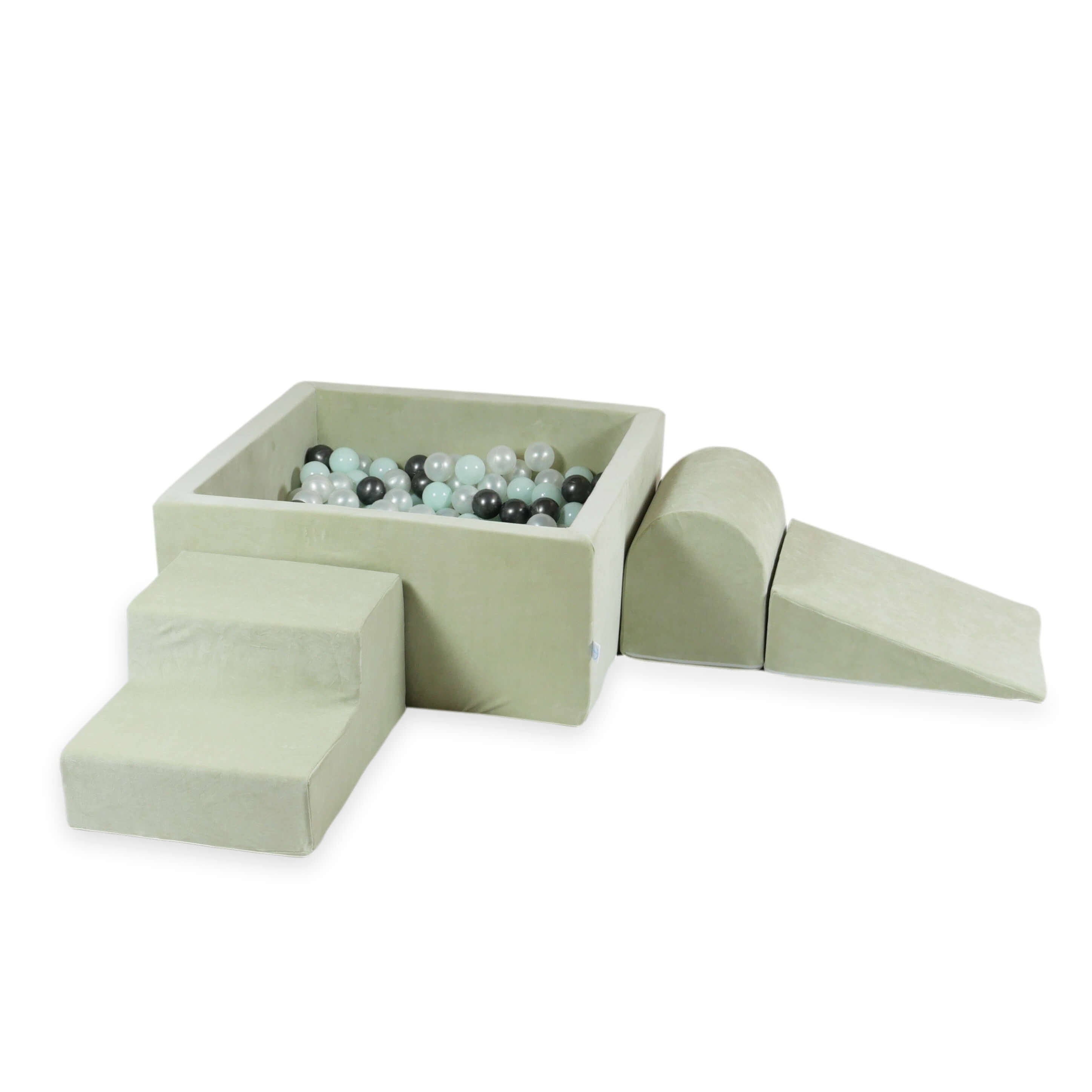 Aire de jeux en mousse avec piscine à balles carrée set de jeu enfant 90x90x40 velvet soft pistachio + 400 balles