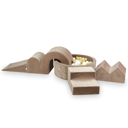 Aire de jeux en mousse avec piscine ronde 90x30 Velvet Soft Beige Foncé + 5 éléments + 200 balles (blanc, beige)