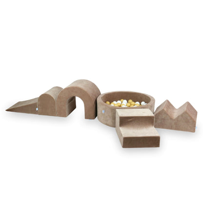 Aire de jeux en mousse avec piscine ronde 90x30 Velvet Soft Beige Foncé + 5 éléments + 200 balles (blanc, beige)