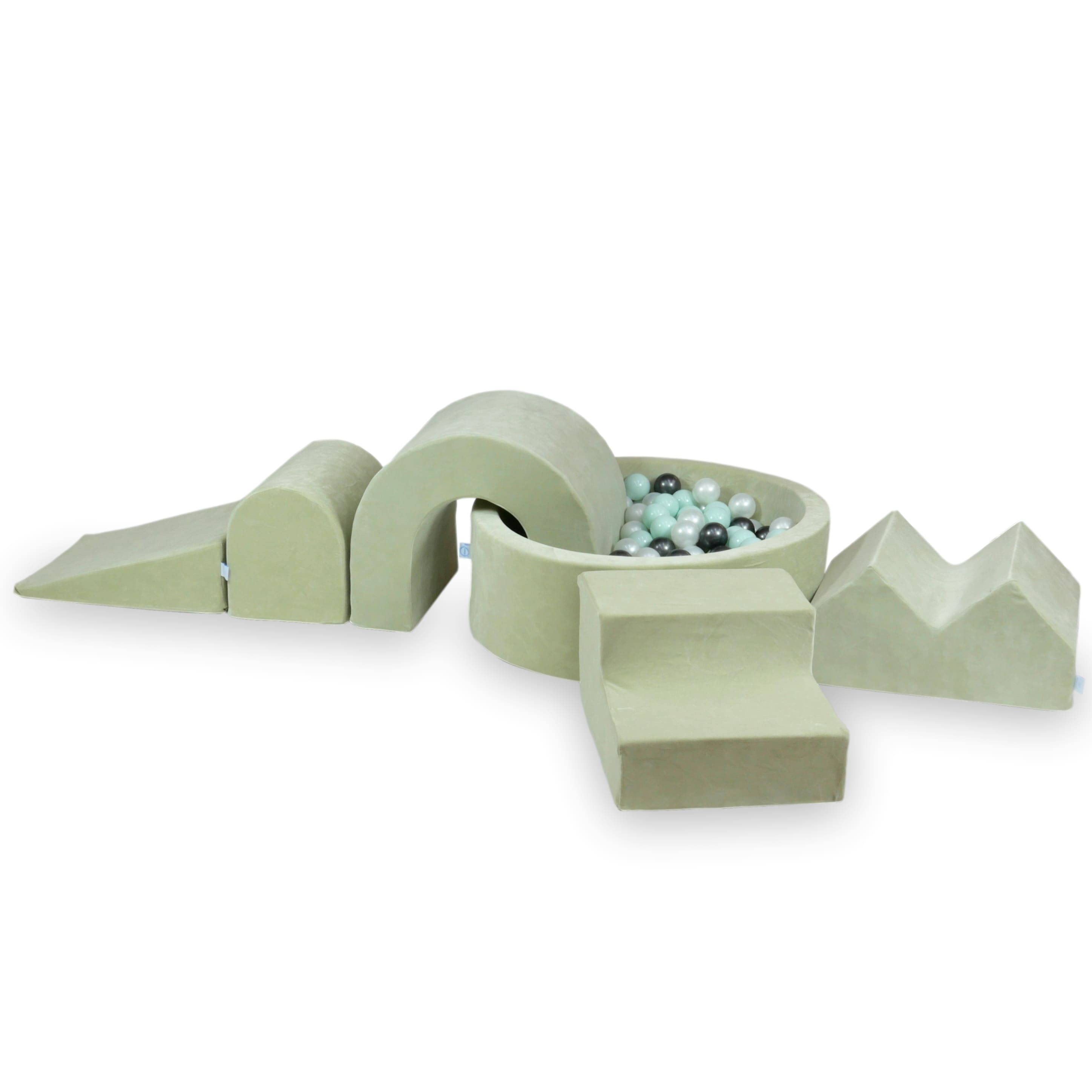 Aire de jeux en mousse avec piscine ronde 90x30 velvet soft pistachio + 5 éléments + 200 balles