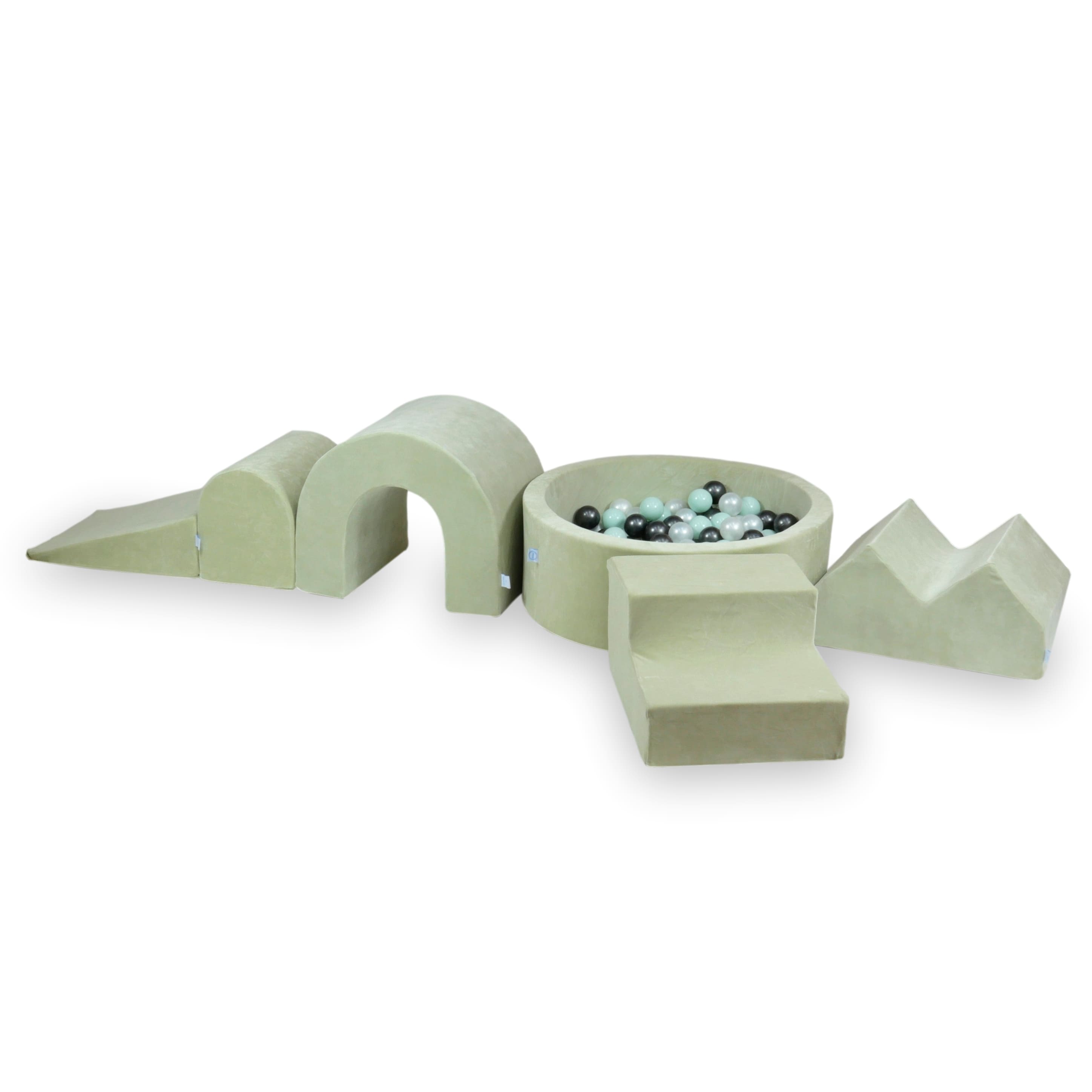 Aire de jeux en mousse avec piscine ronde 90x30 Velvet Soft  Menthe Clair + 5 éléments + 200 balles (vert menthe clair, opalescent, turquoise métallisé)