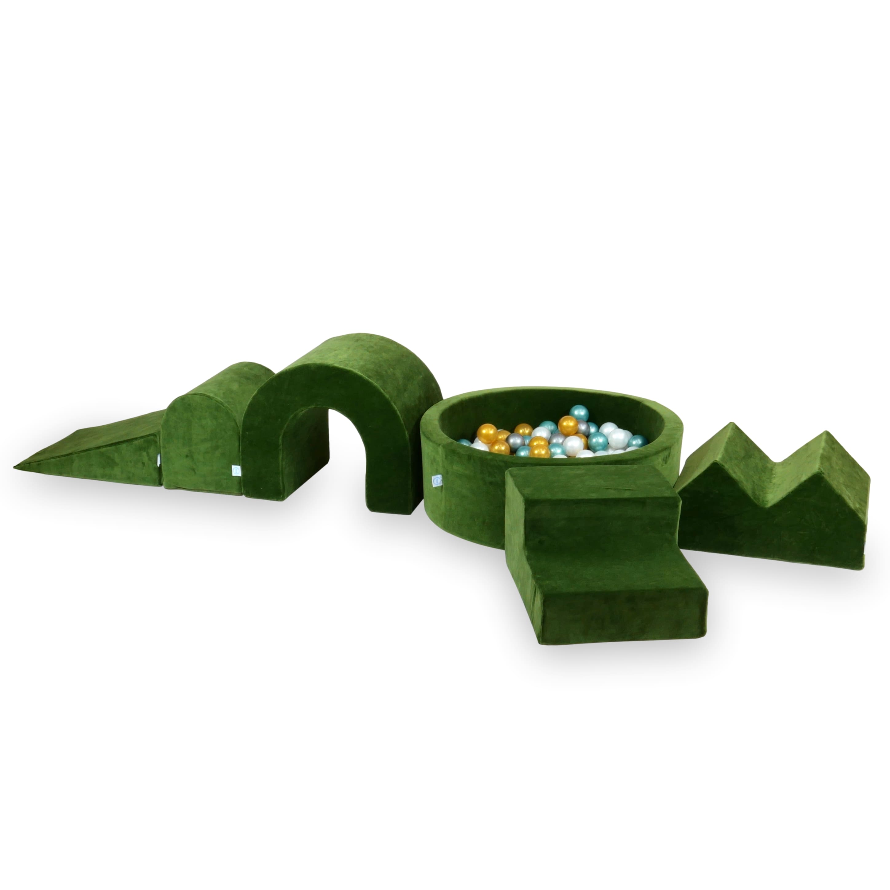 Aire de jeux en mousse avec piscine ronde 90x30 Velvet Soft Olive + 5 éléments + 200 balles (transparent, nacré, turquoise métallisé)