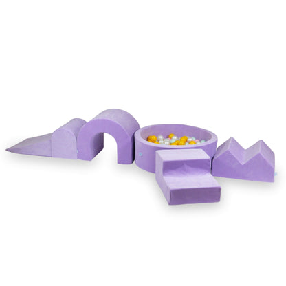 Aire de jeux en mousse avec piscine ronde 90x30 Velvet Soft Violet + 5 éléments + 200 balles (blanc, nacré, mauve)