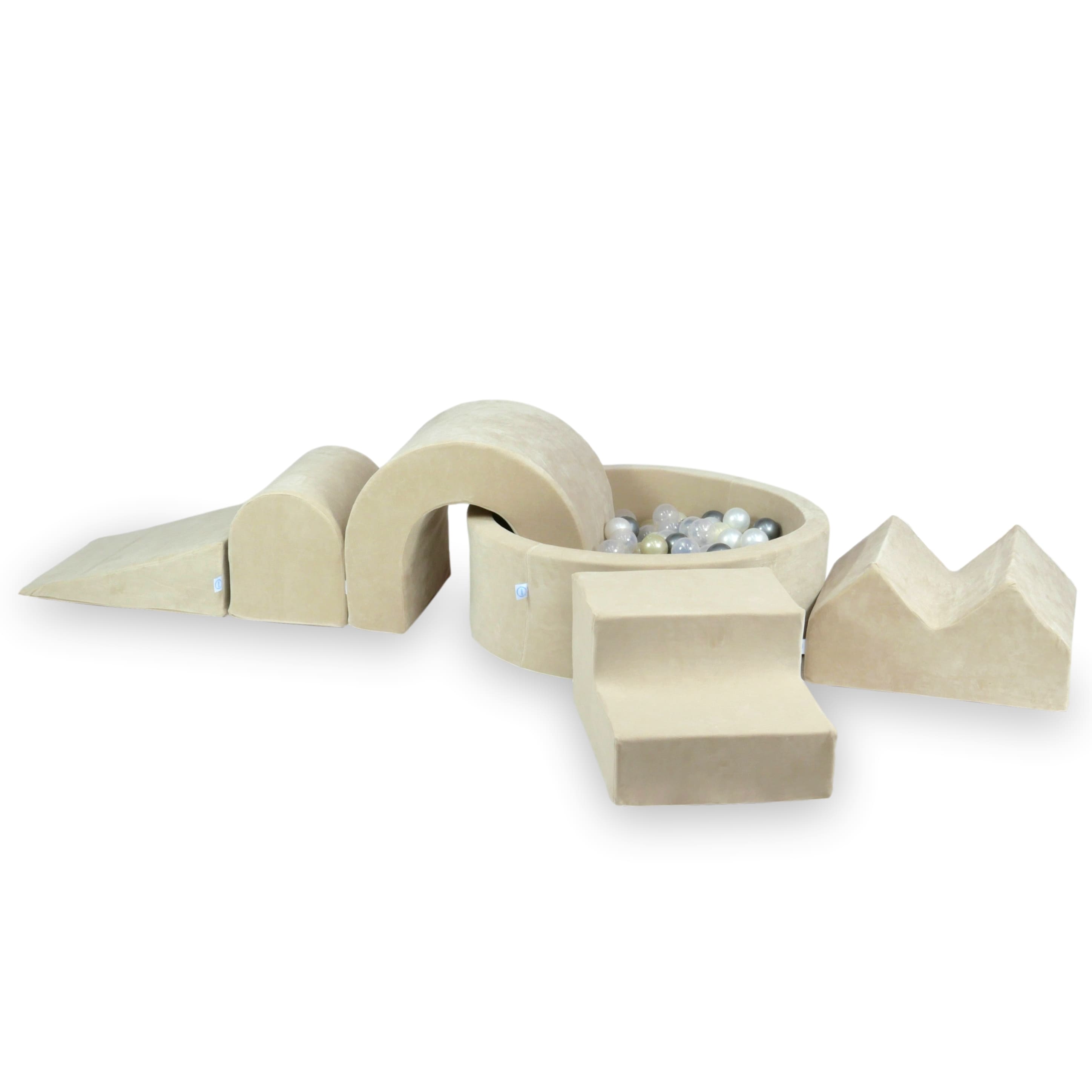 Aire de jeux en mousse avec piscine ronde 90x30 Velvet Soft Beige + 5 éléments + 200 balles (transparent, nacré, argenté, or clair)