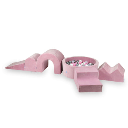 Aire de jeux en mousse avec piscine ronde 90x30 Velvet Soft Rose + 5 éléments + 200 balles (transparent, blanc, argenté, Rose Poudré)