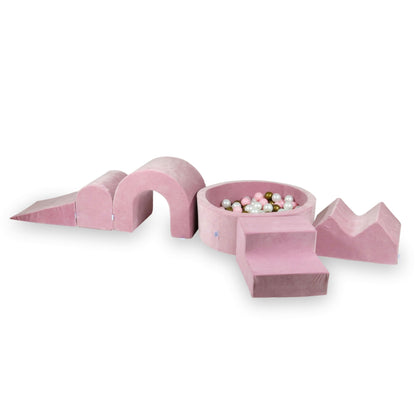 Aire de jeux en mousse avec piscine ronde 90x30 Velvet Soft Rose + 5 éléments + 200 balles (transparent, blanc, argenté, Rose Poudré)