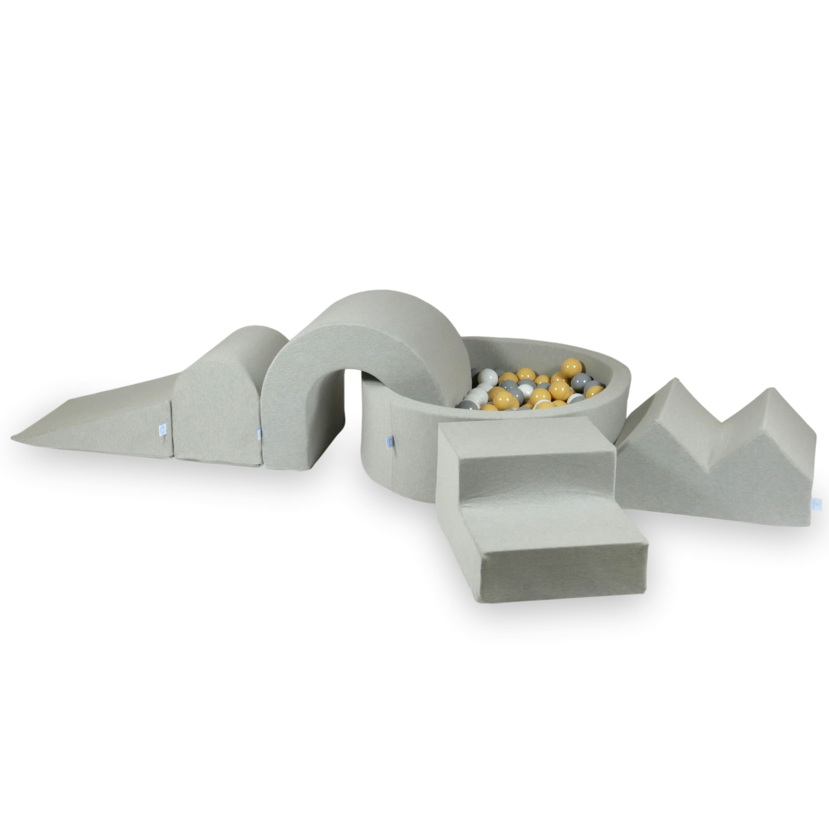 Aire de jeux en mousse avec piscine ronde 90x30 Gris Clair + 5 éléments + 200 balles (blanc, gris, beige)