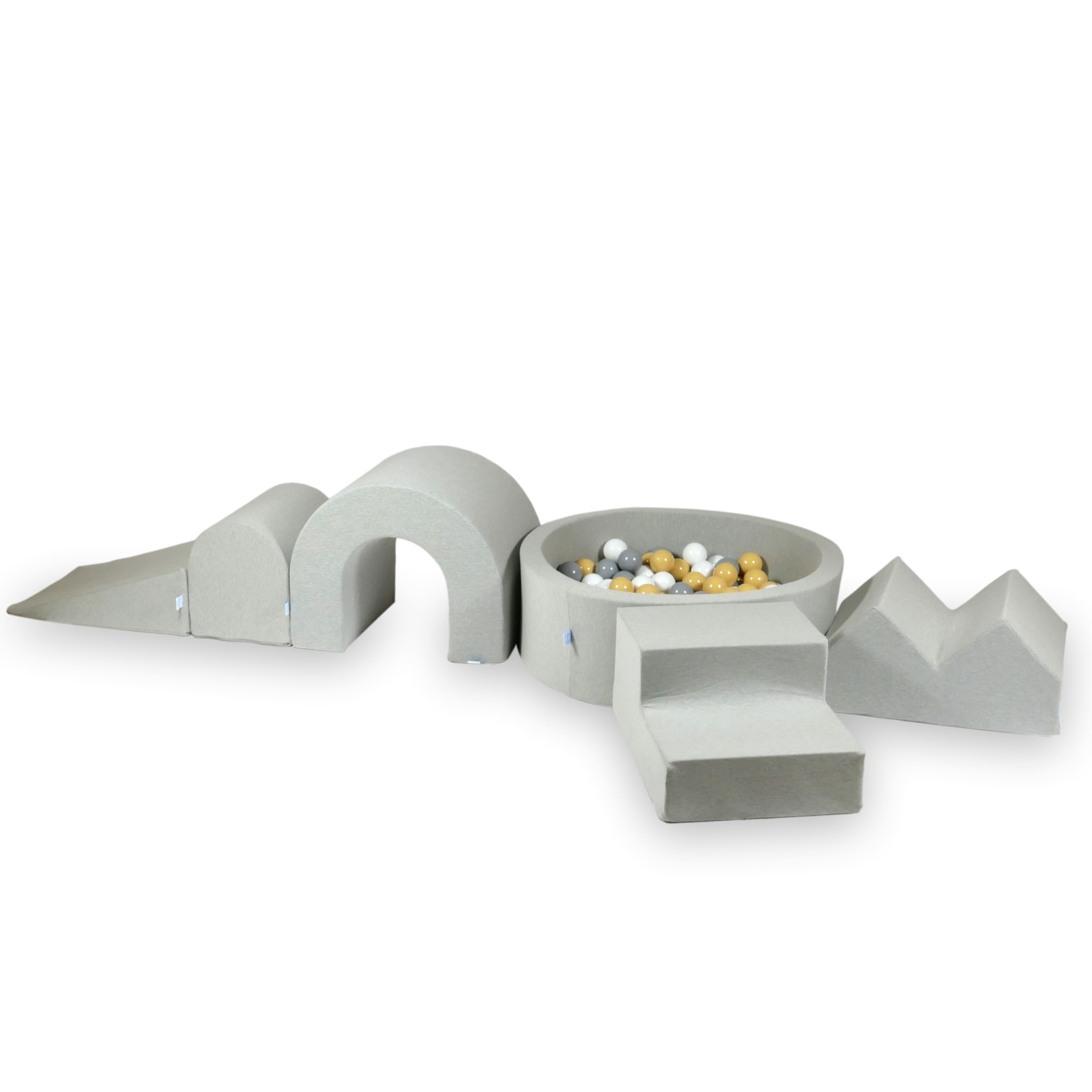 Aire de jeux en mousse avec piscine ronde 90x30 Gris Clair + 5 éléments + 200 balles (blanc, gris, beige)