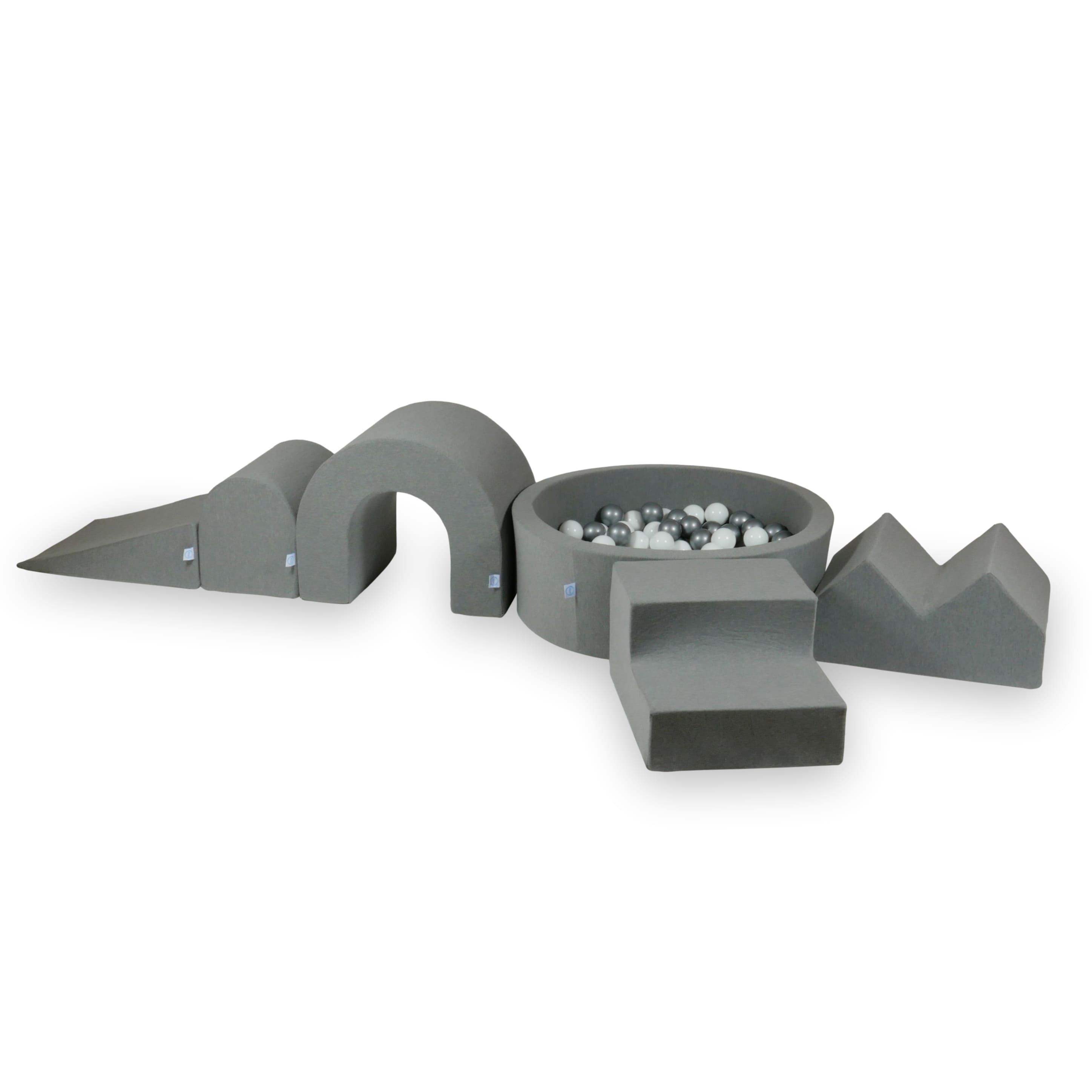 Aire de jeux en mousse avec piscine ronde 90x30 gris + 5 éléments + 200 balles