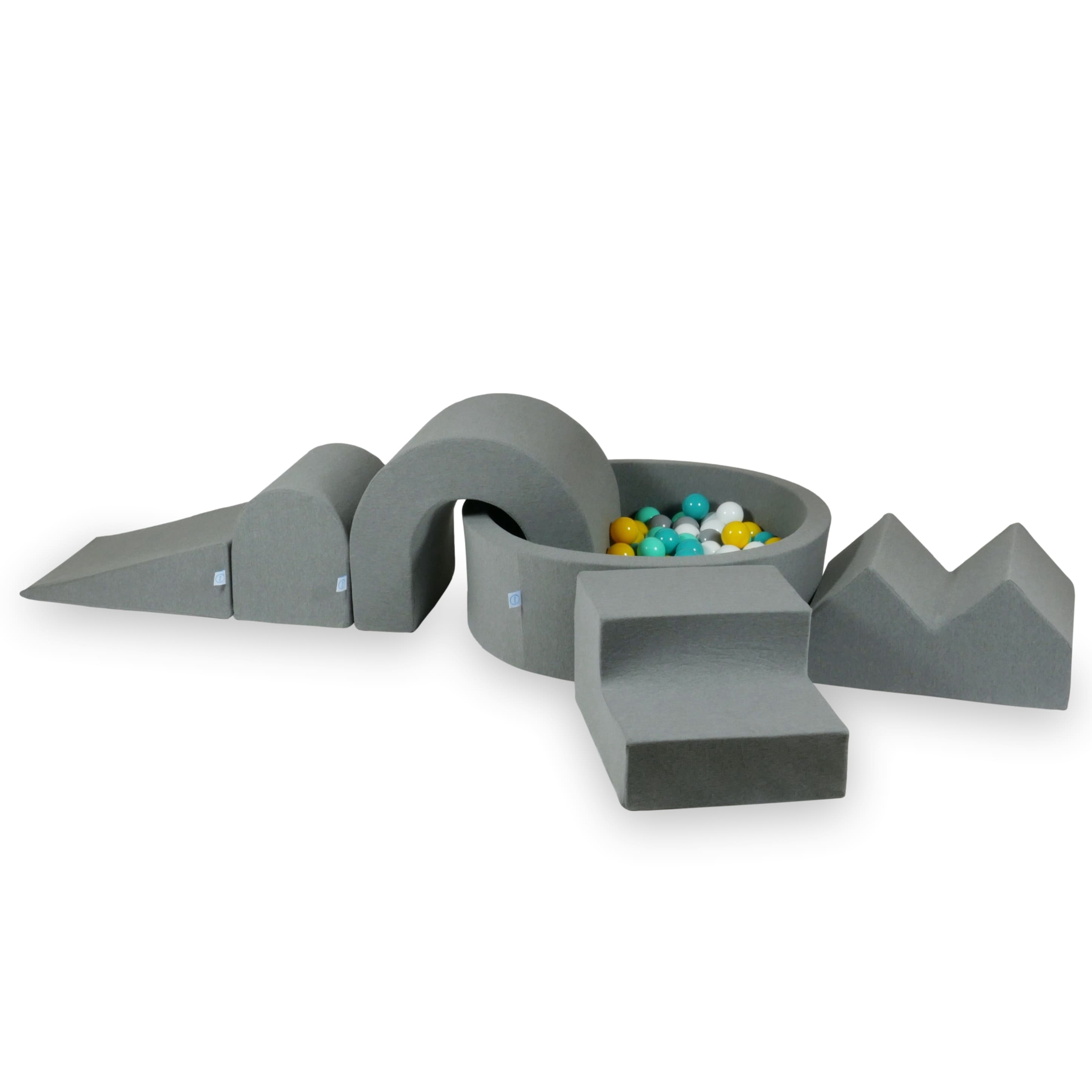 Aire de jeux en mousse avec piscine ronde 90x30 gris + 5 éléments + 200 balles
