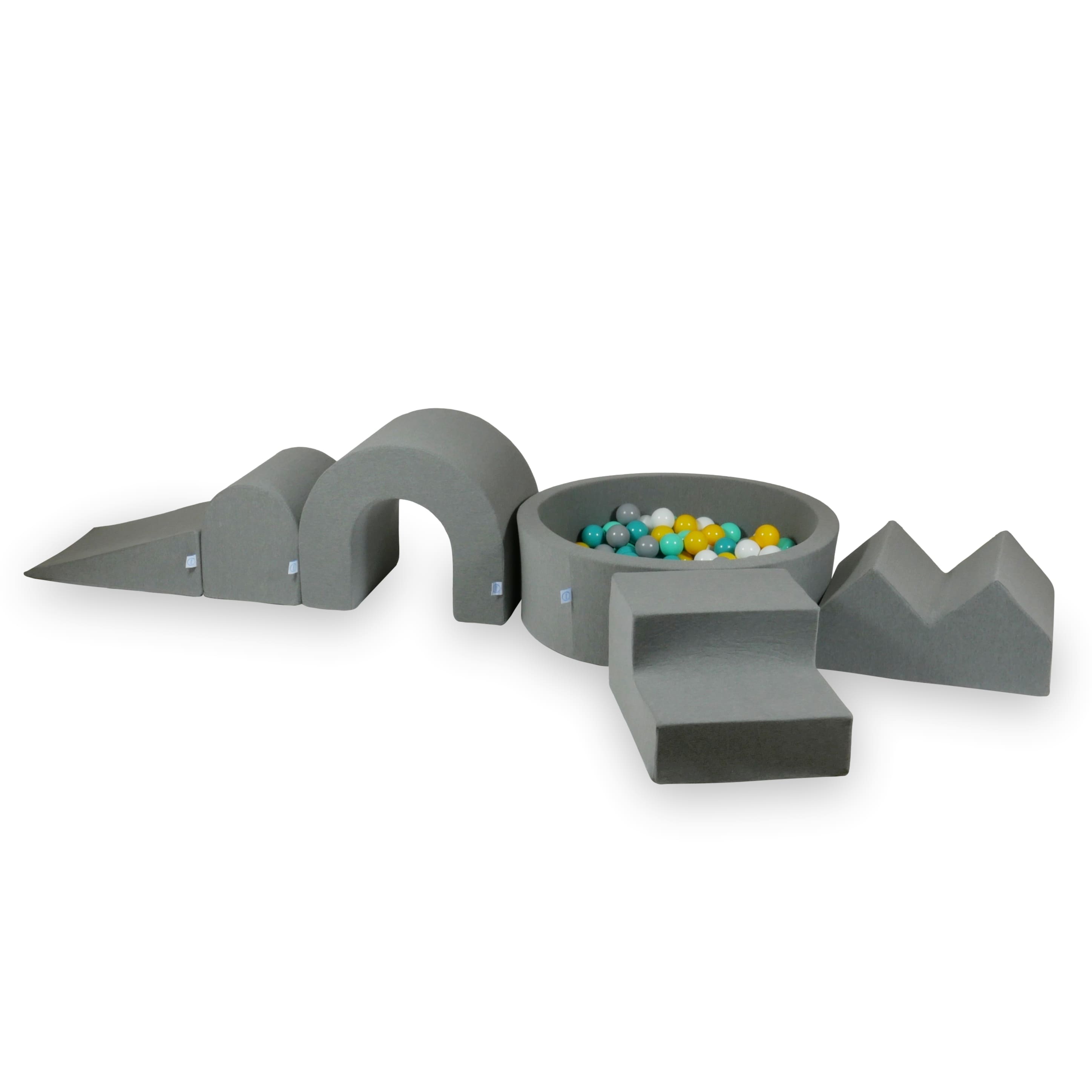 Aire de jeux en mousse avec piscine ronde 90x30 gris + 5 éléments + 200 balles