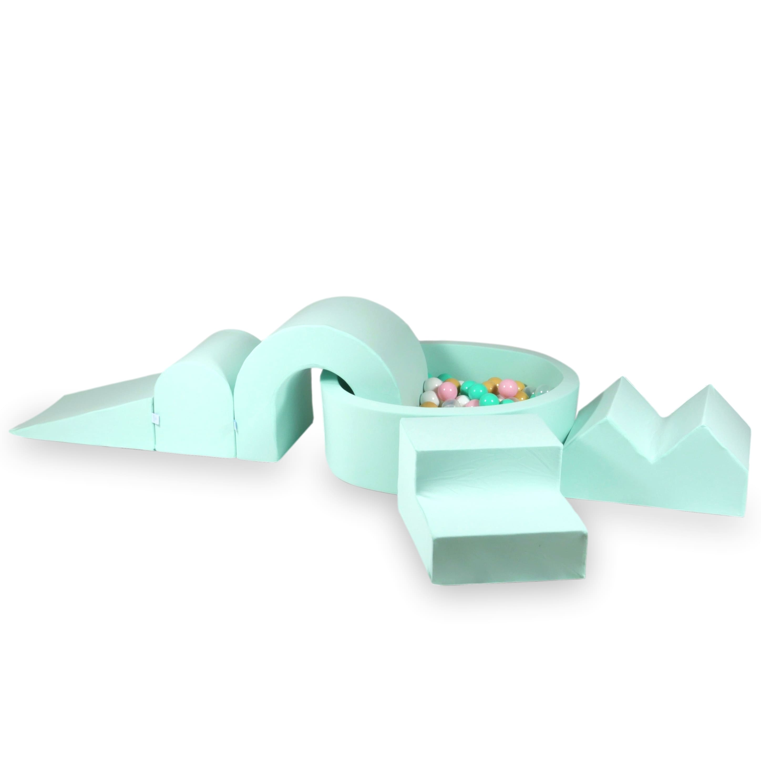 Aire de jeux en mousse avec piscine ronde 90x30 Menthe + 5 éléments + 200 balles (transparent, blanc, menthe, bleu clair)