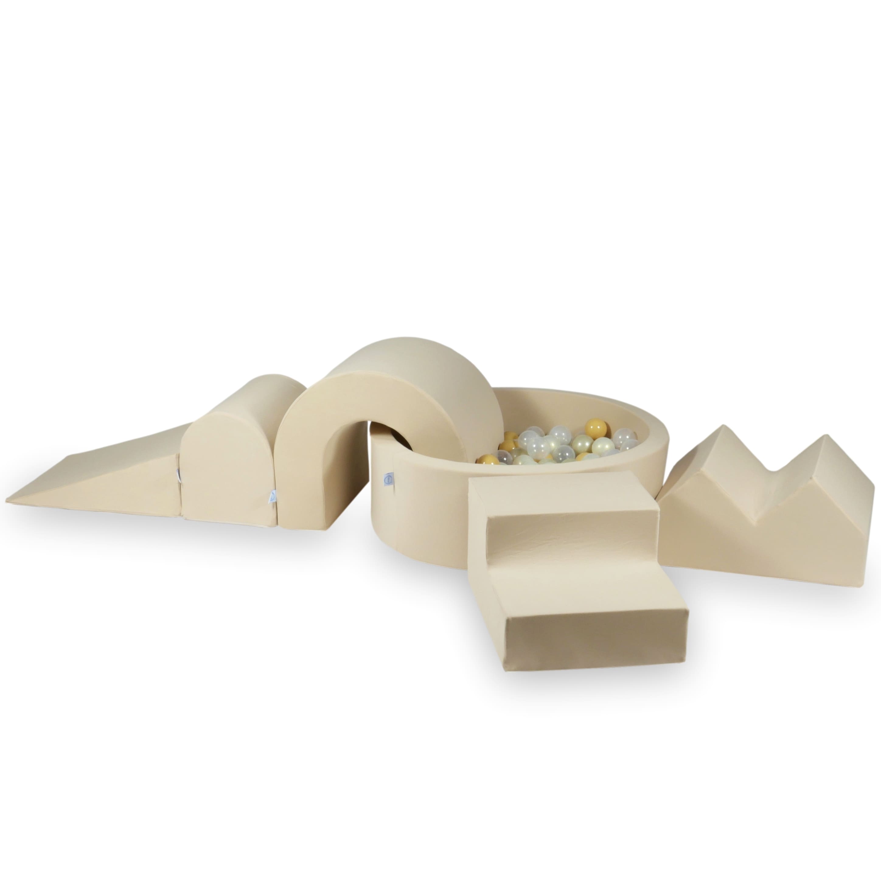 Aire de jeux en mousse avec piscine ronde 90x30 Beige + 5 éléments + 200 balles (transparent, beige, or clair, opalescent)