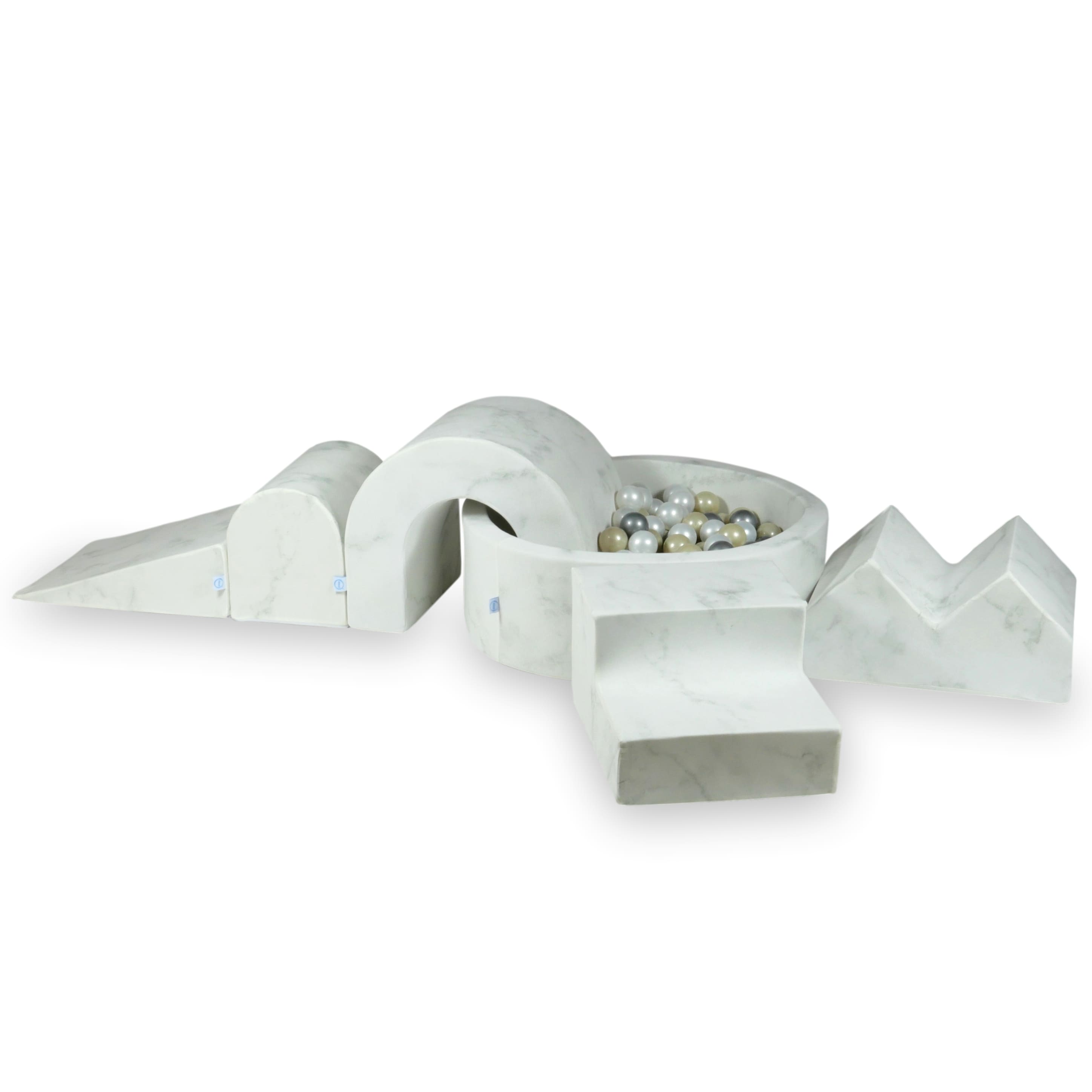 Aire de jeux en mousse avec piscine ronde 90x30 Marbre + 5 éléments + 200 balles (transparent, nacré, argenté)