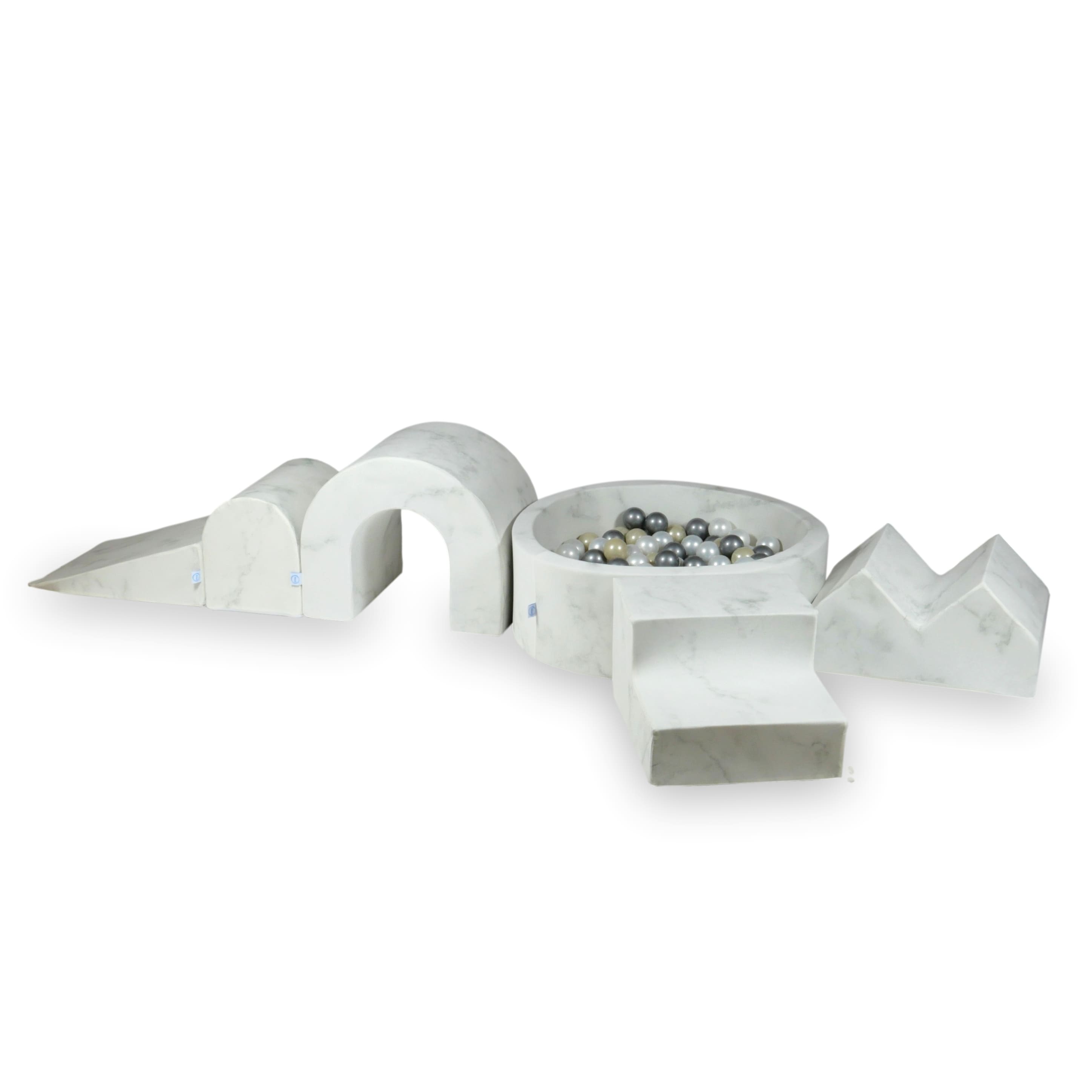 Aire de jeux en mousse avec piscine ronde 90x30 Marbre + 5 éléments + 200 balles (nacré, argenté, or clair)