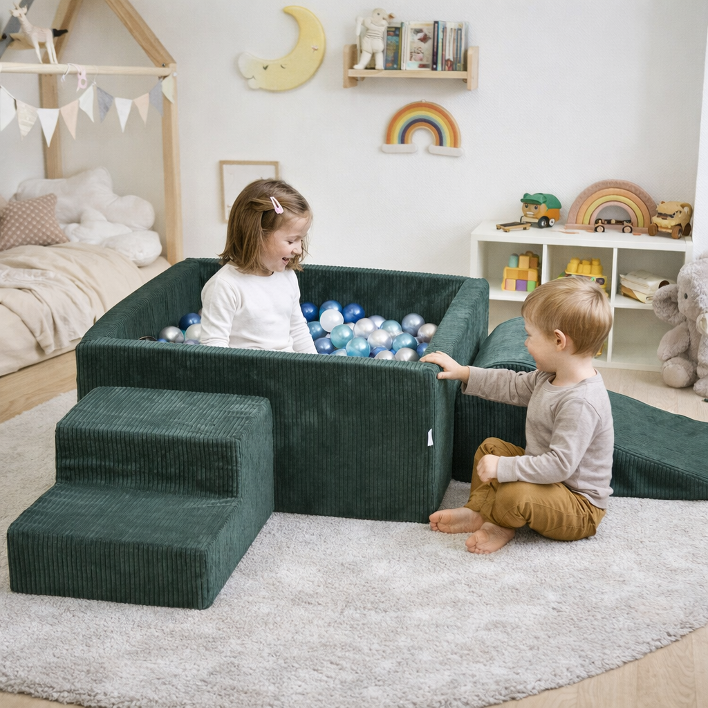Aire de jeux en mousse avec piscine à balles carrée set de jeu enfant 90x90x40 côtelé vert + 400 balles