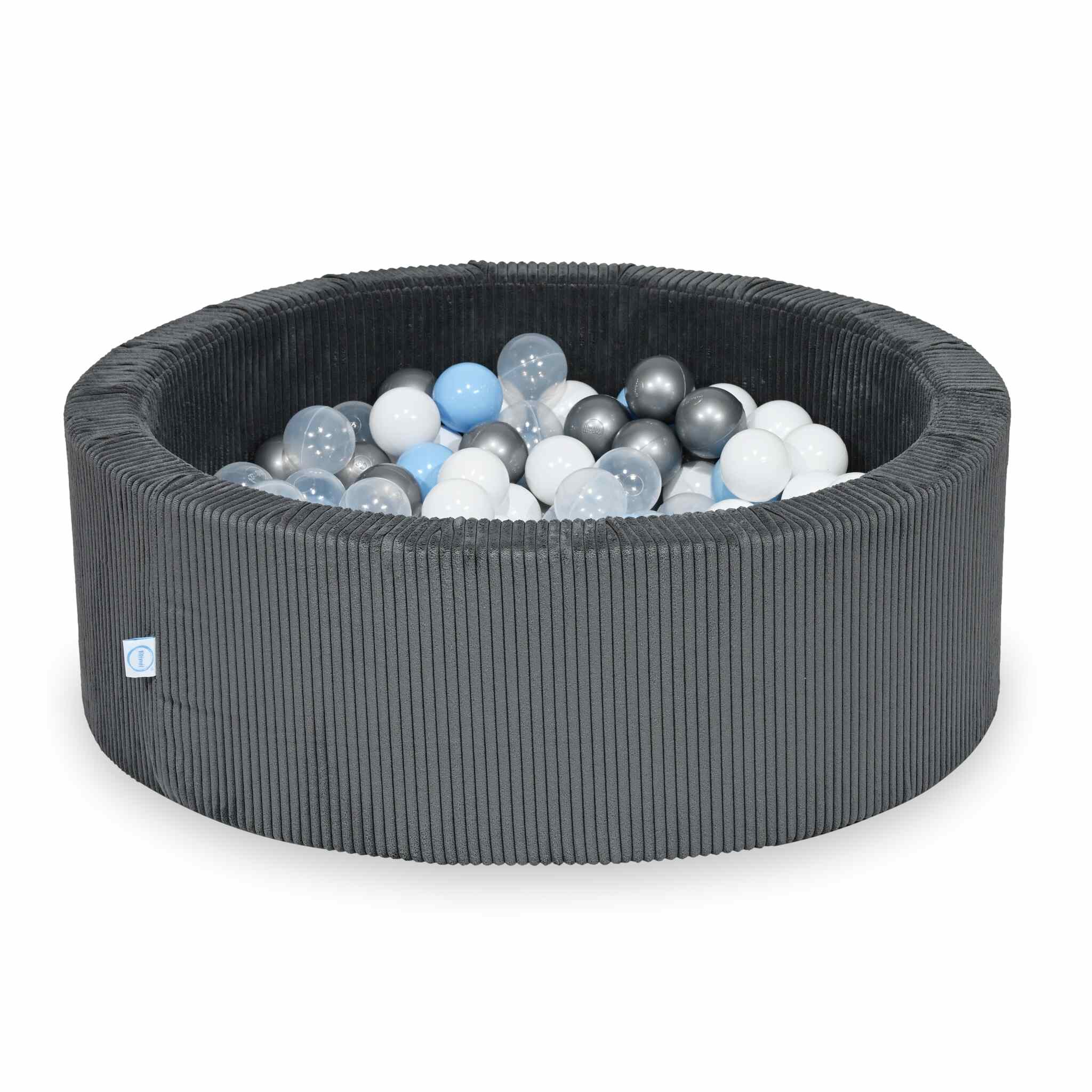 Piscine à balles ronde en velours côtelé graphite, 90x30cm – 200 balls (transparent, blanc, argenté, bleu clair)