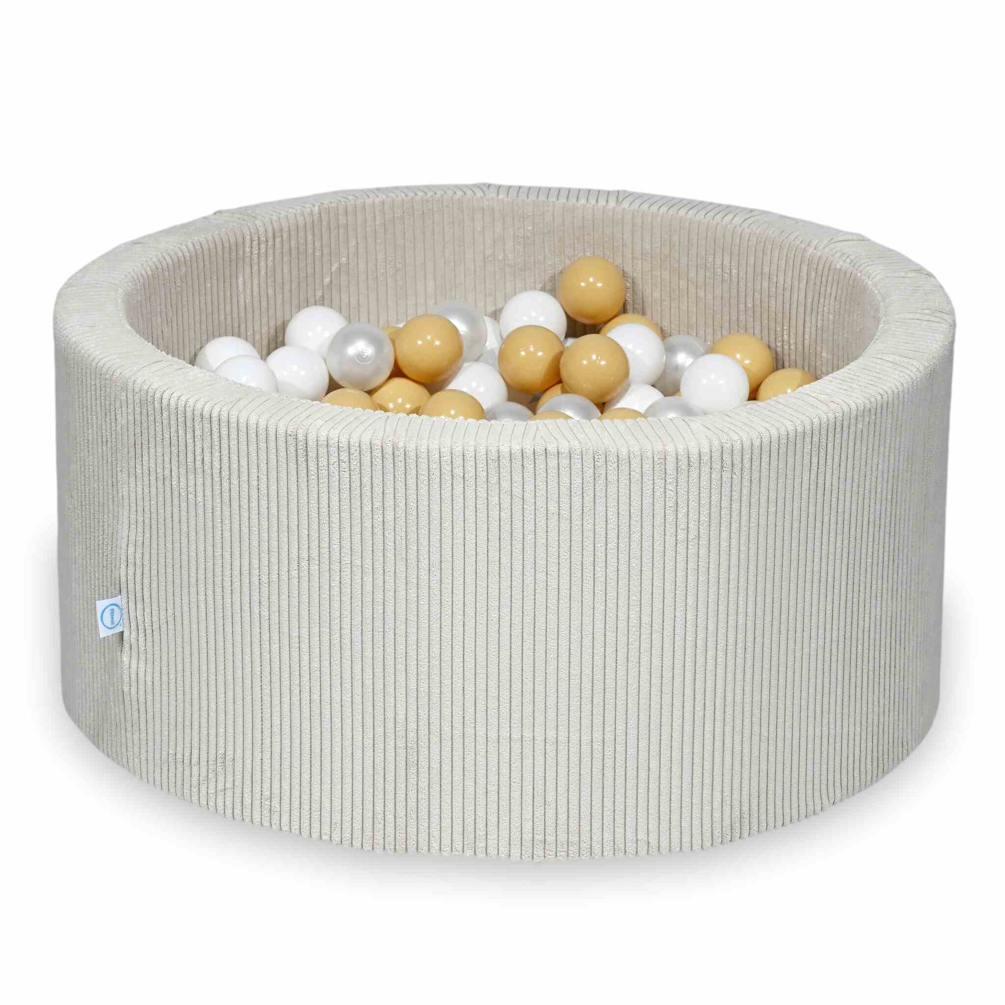 Piscine à balles ronde en velours côtelé beige, 90x40cm – Beige, 300 balls (blanc, nacré, beige)