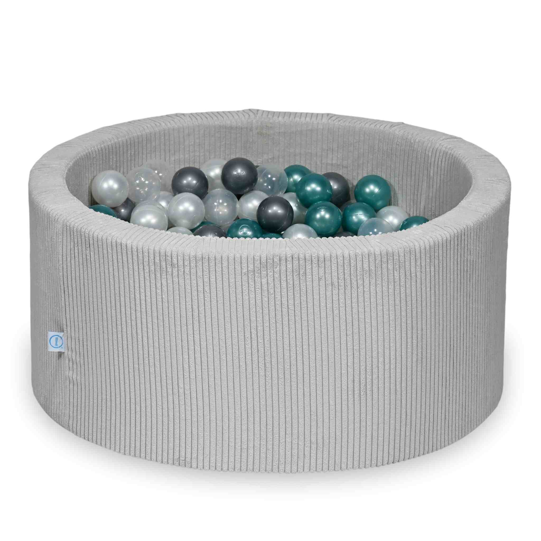 Piscine à balles ronde en velours côtelé gris, 90x40cm – 300 balls (transparent, nacré, argenté, turquoise métallisé)