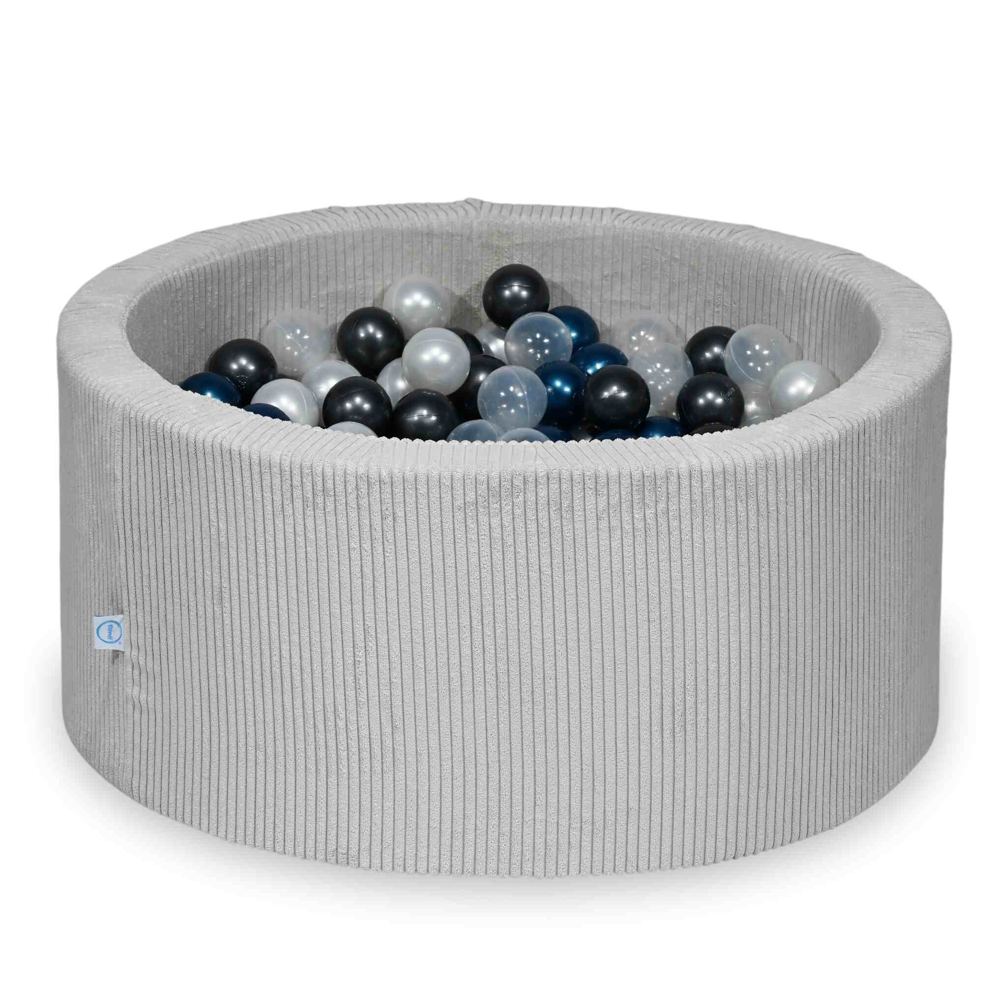 Piscine à balles ronde en velours côtelé gris, 90x40cm – 300 balls (transparent, nacré, graphite métallisé, bleu métallisé)