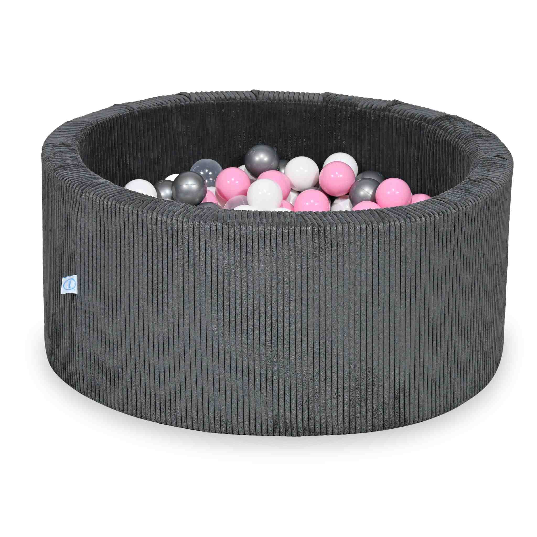 Piscine à balles ronde en velours côtelé graphite, 90x40cm – 300 balls (transparent, blanc,argenté, rose poudré) (Kopia)