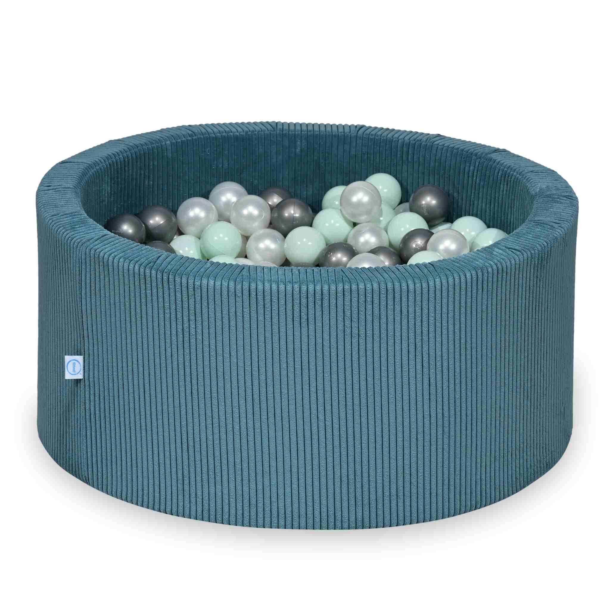 Piscine à balles ronde en velours côtelé bleu, 90x40cm – 300 balls (nacré, argenté, menthe claire)