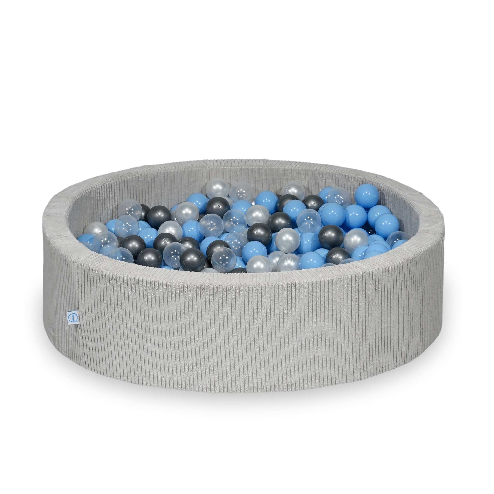 Piscine à balles ronde en velours côtelé gris, 110x30cm – 400 balls (transparent, nacré, argenté,bleu clair)