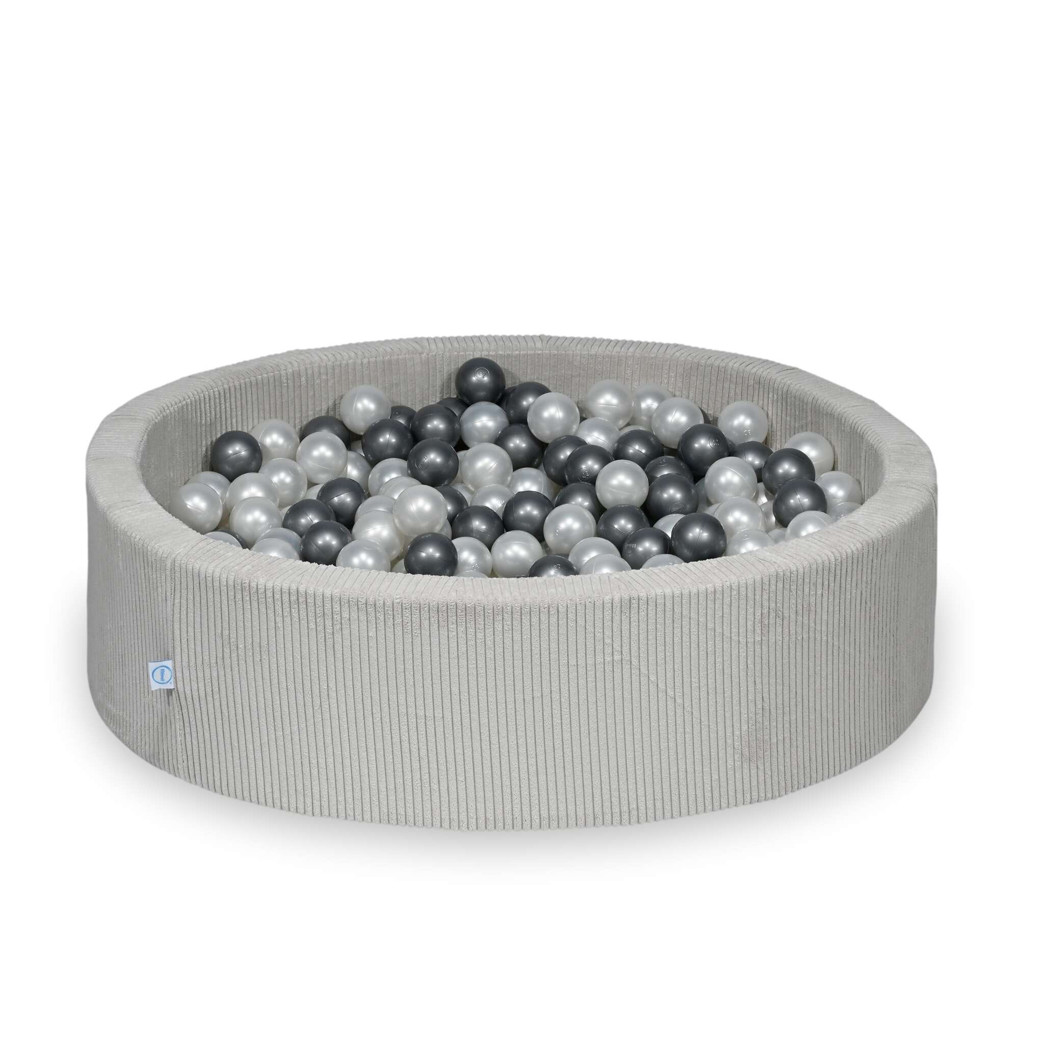 Piscine à balles ronde en velours côtelé gris, 110x30cm – 400 balls (nacré, argenté)