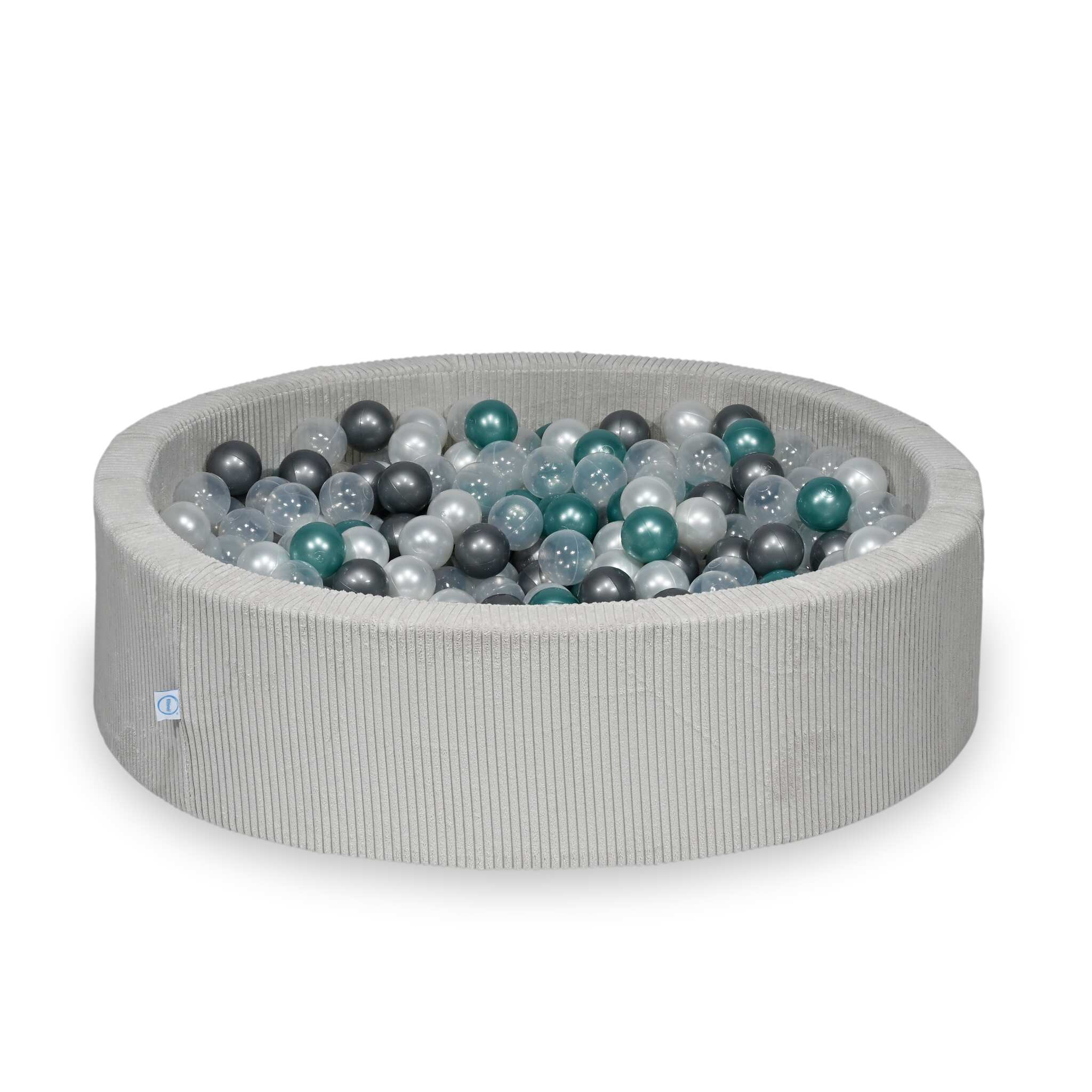 Piscine à balles ronde en velours côtelé gris, 110x30cm – 400 balls (transparent, nacré, argenté, turquoise métallisé)