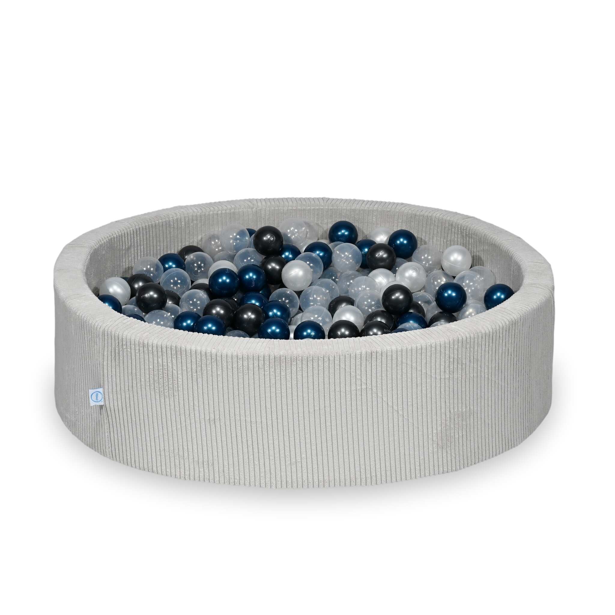 Piscine à balles ronde en velours côtelé gris, 110x30cm – 400 balls (transparent, nacré, graphite métallisé, bleu métallisé)