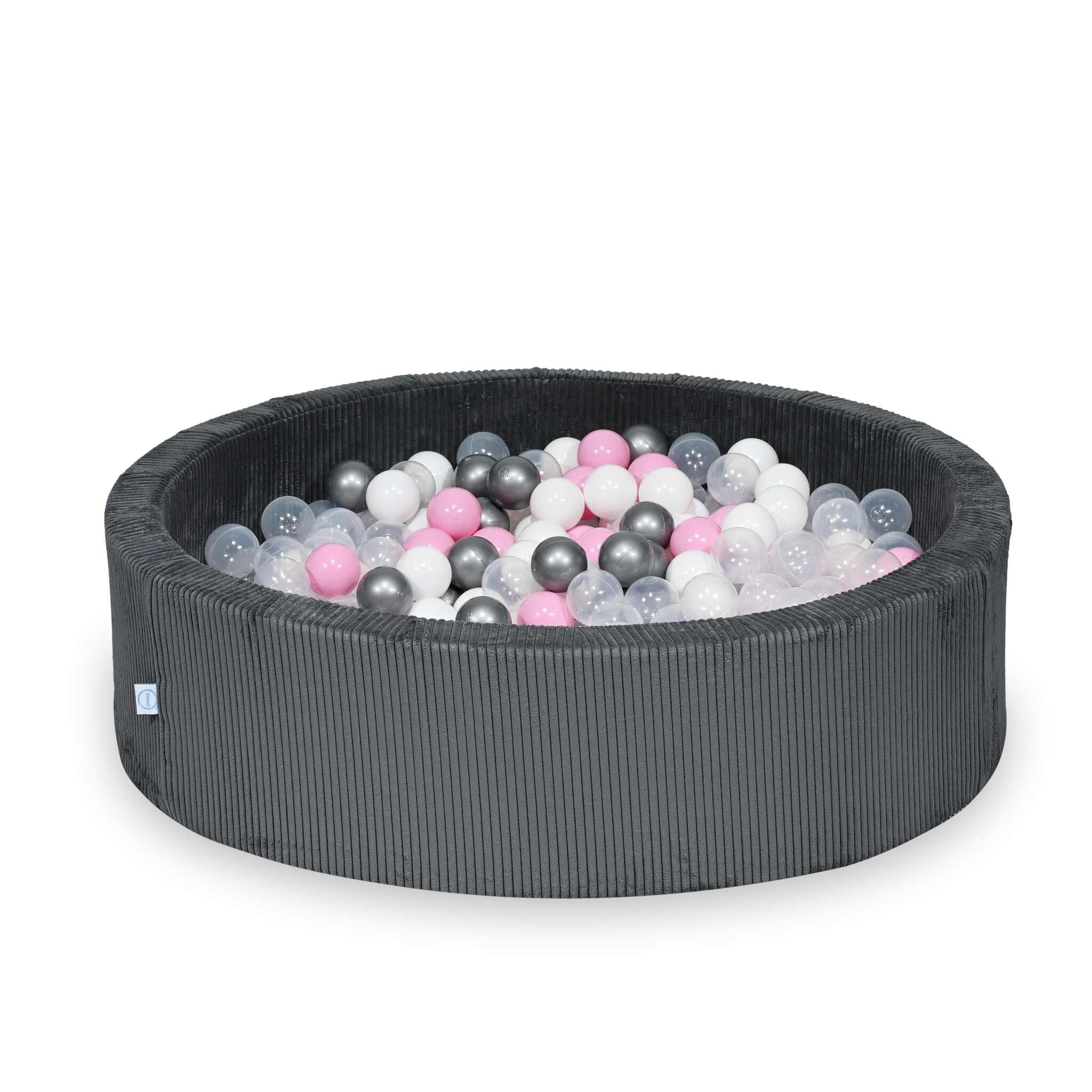 Piscine à balles ronde en velours côtelé graphite, 110x30cm – 400 balls (transparent, blanc,argenté, rose poudré)
