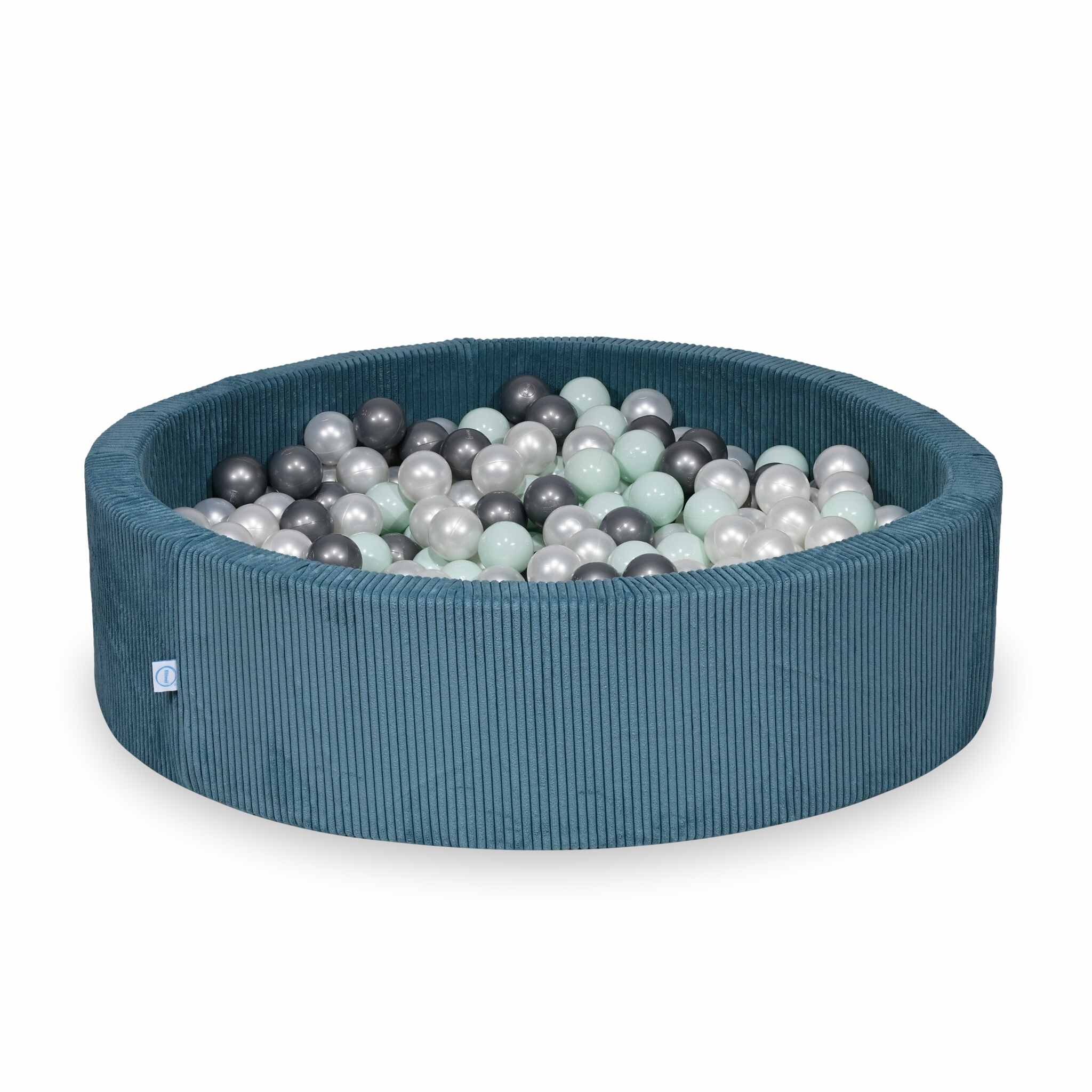 Piscine à balles ronde en velours côtelé bleu, 110x30cm – 400 balls (nacré, argenté, menthe claire)