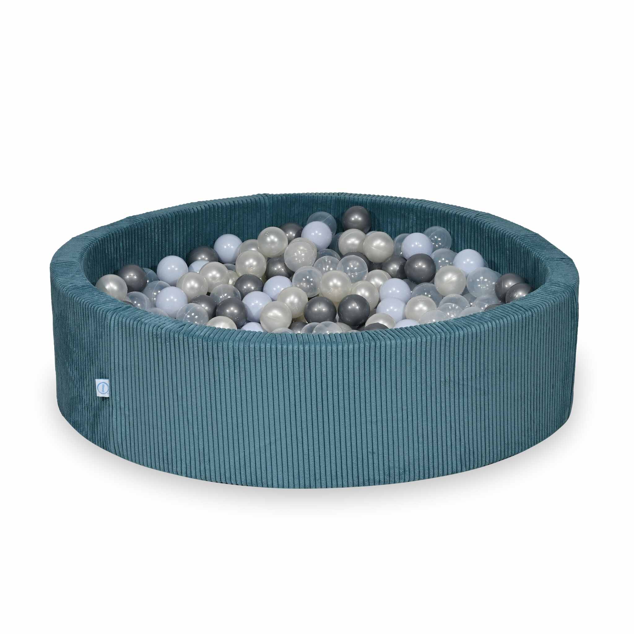 Piscine à balles ronde en velours côtelé bleu, 110x30cm – 400 balls (nacré, argenté, rose clair nacré, bleu ciel nacré)