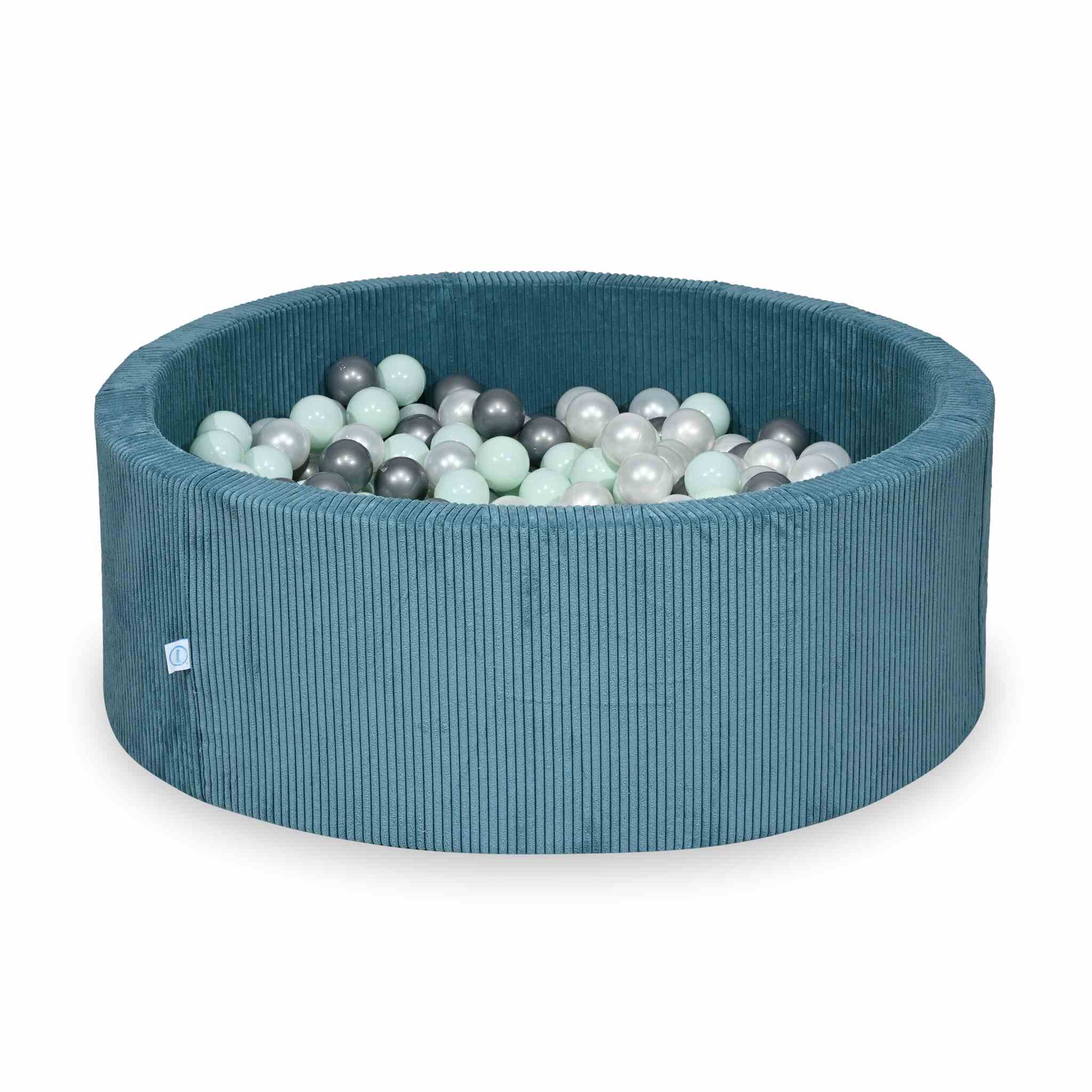 Piscine à balles ronde en velours côtelé bleu, 110x40cm – 500 balls (nacré, argenté, menthe claire)