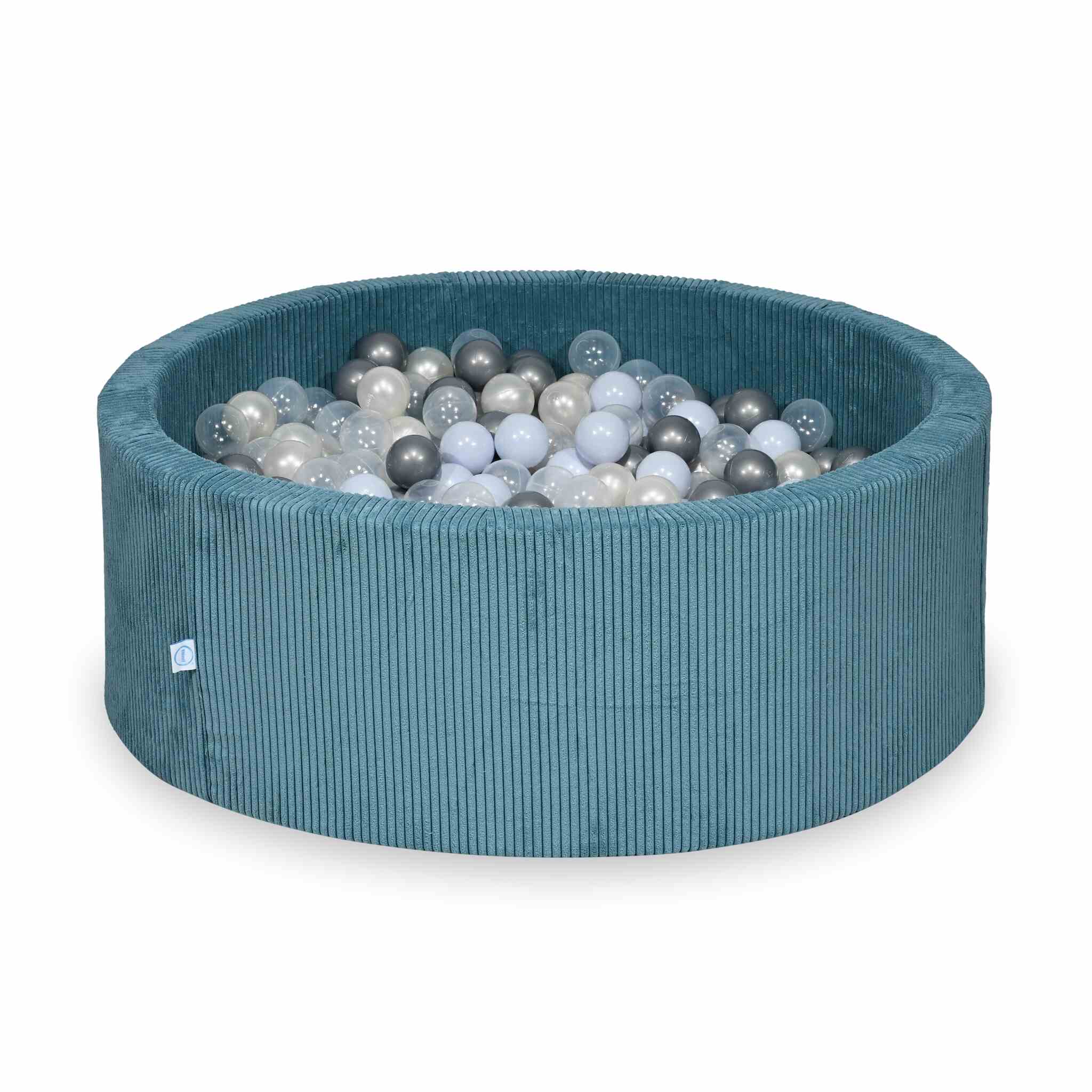Piscine à balles ronde en velours côtelé bleu, 110x40cm – 500 balls (transparent, argenté, bleu ciel nacré, irisé)